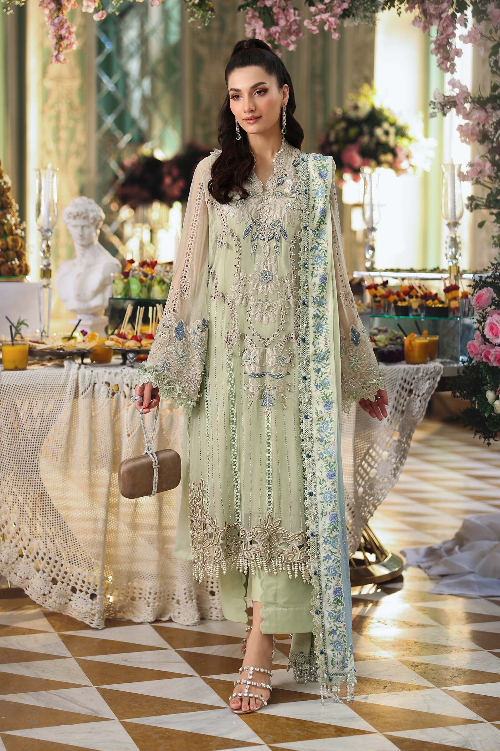 Maria B Embroidered Chiffon Party Wear Suit – Back View & Silhouette Maria B Embroidered Chiffon Party Wear Suit - Embroidered Back & Daman Silhouette Detailing | IQNAZ