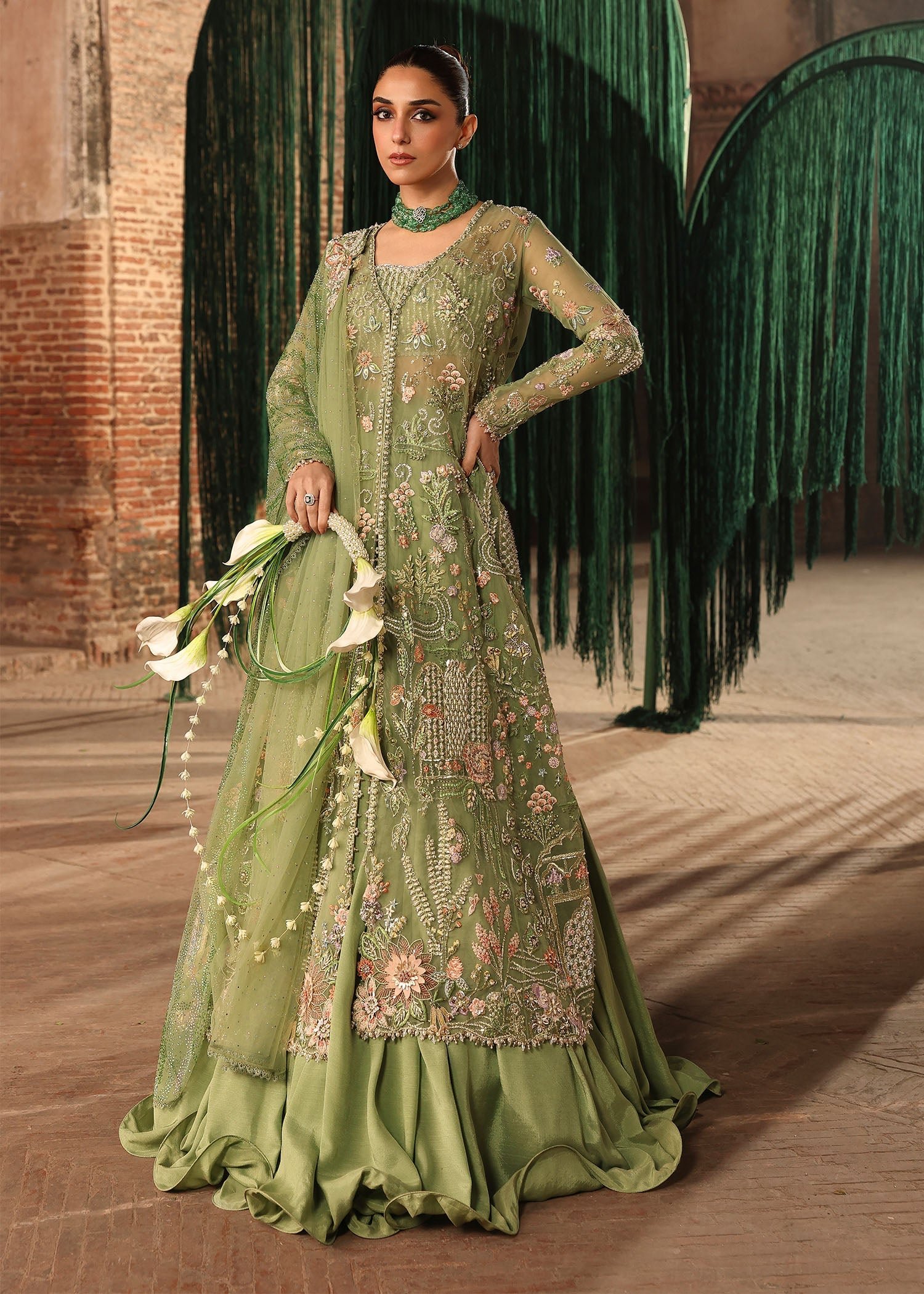 Crimson Matwali Hand Embellished Net Bridal Maxi - Model Front Look | Pakistani Designer Replica Wholesale | IQNAZ