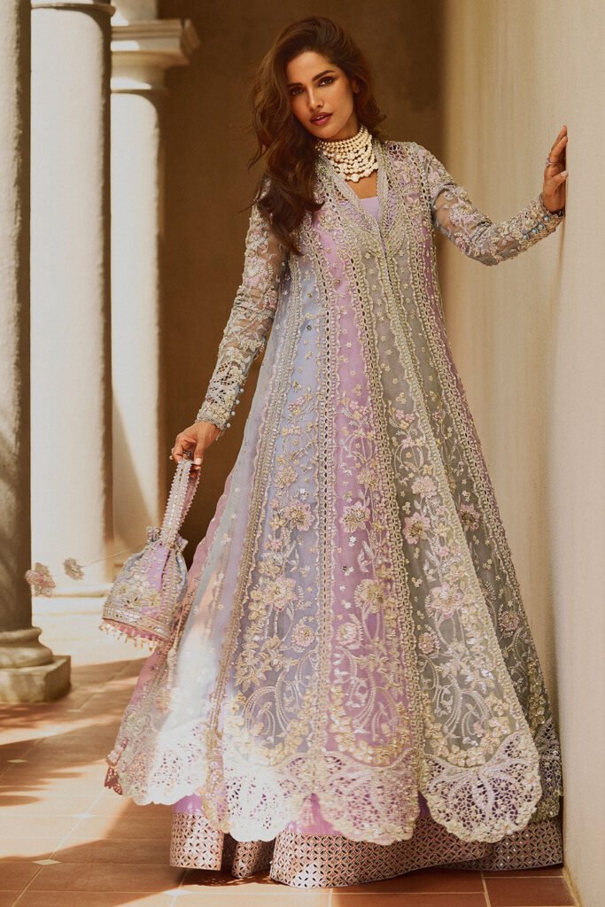 Soraya Orchid Hand Embellished Organza Party Wear Suit - Model Front Look | Pakistani Designer Replica Wholesale | IQNAZ