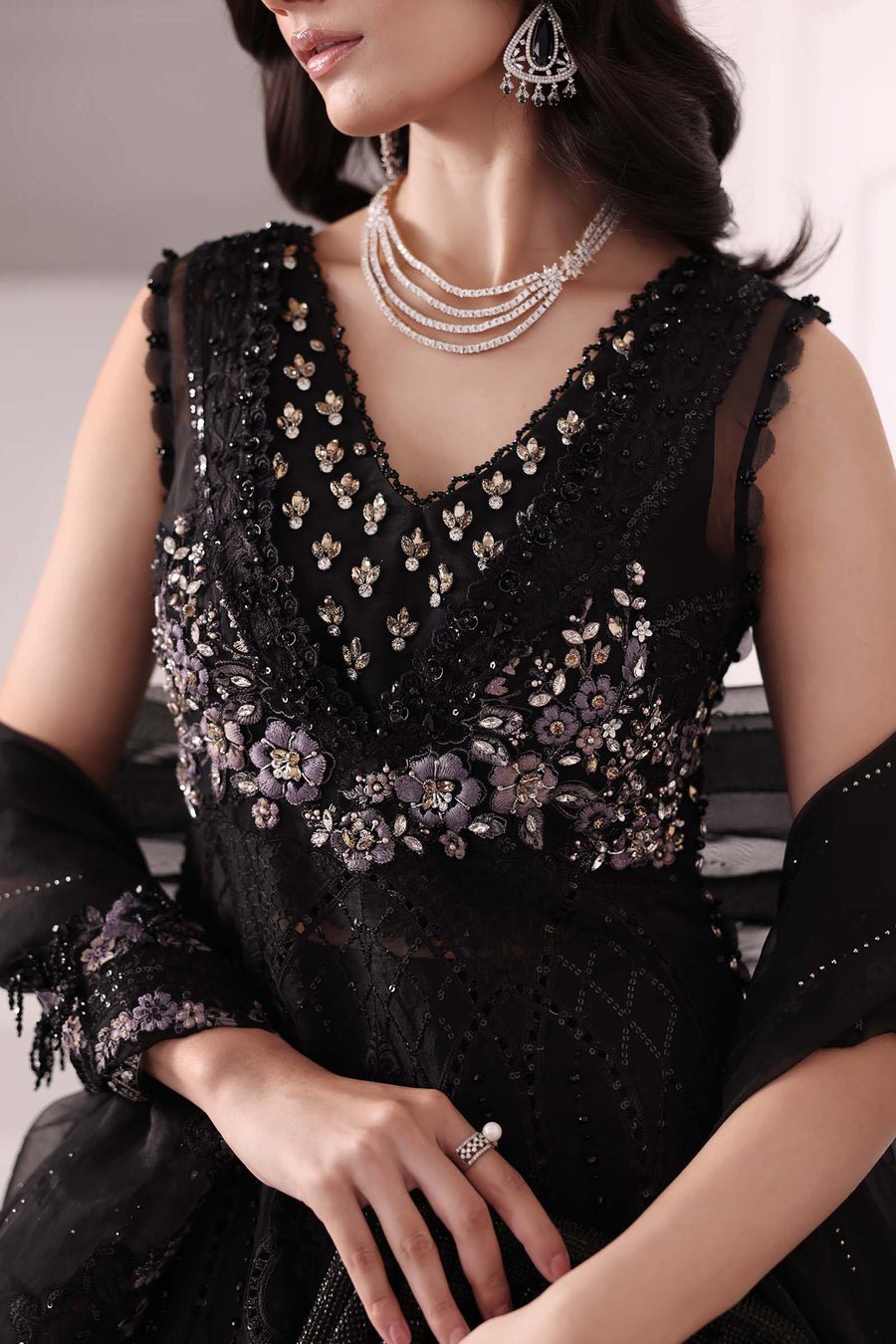 Maria B BD-3004 Hand Embellished Organza Party Wear Suit - Close-Up Hand Embellishment Tilla & Pearl Work | IQNAZ