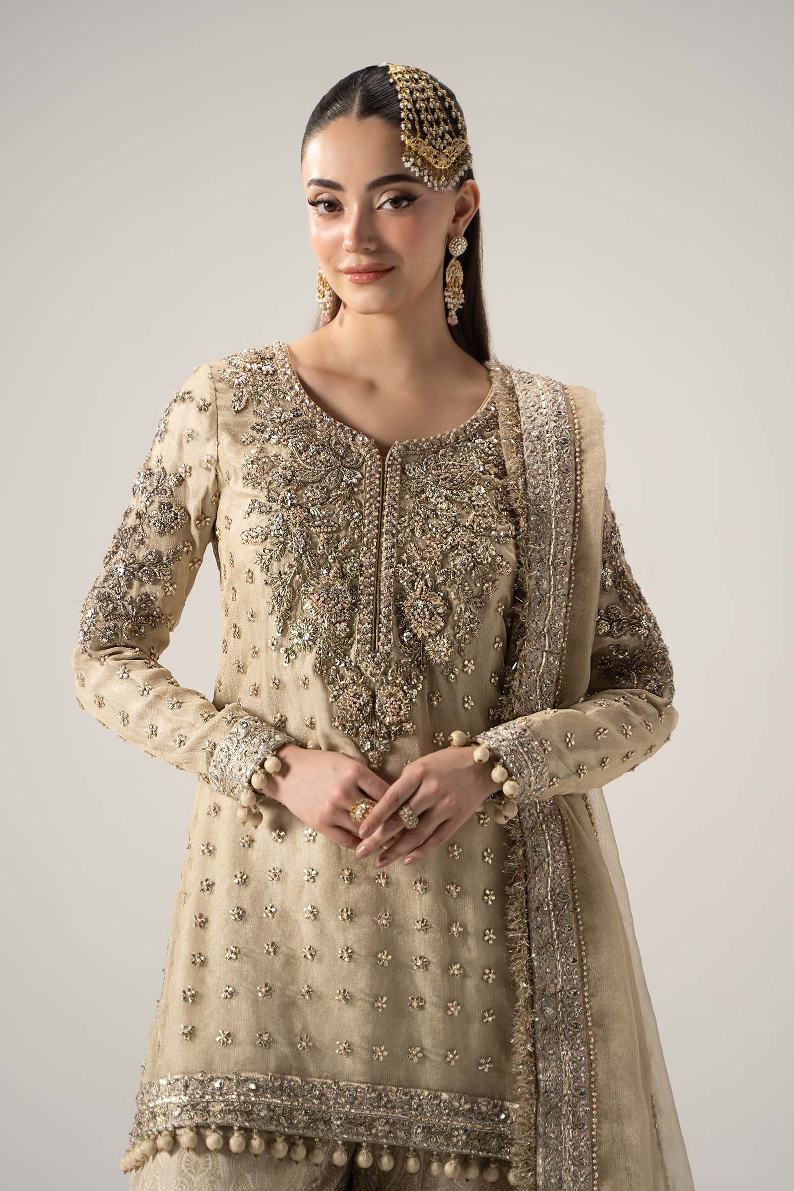 Maria B Hand Embellished Silk Party Wear Suit - Embroidered Back & Daman Silhouette Detailing | IQNAZ