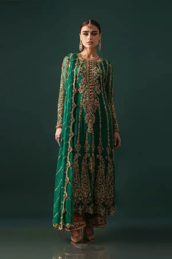 Nomi Ansari Emerald Hues Hand Embellished Chiffon Bridal Saree - Model Front Look | Pakistani Designer Replica Wholesale | IQNAZ