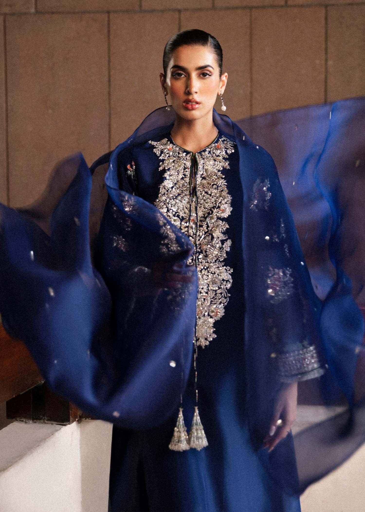 Hussain Rehar Saxe Embroidered Organza Party Wear Suit - Matching Bottom & Trouser Fabric Details | IQNAZ