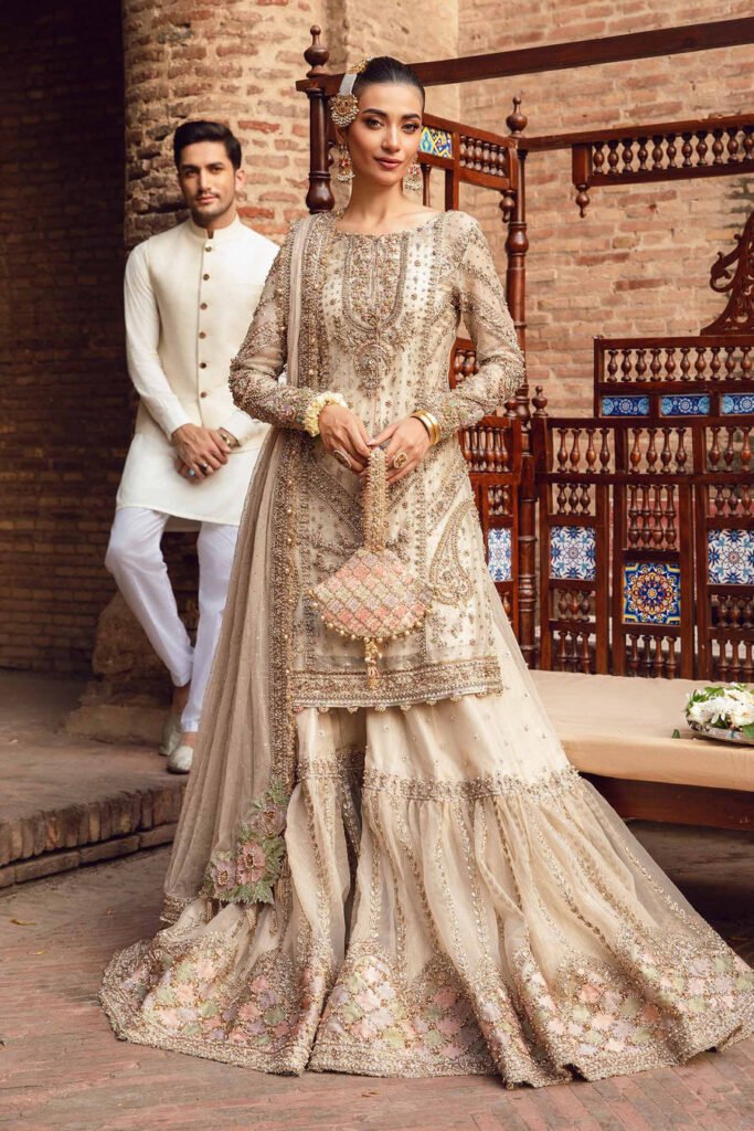 Maria B Ishtar Embroidered Organza Party Wear Suit - Model Front Look | Pakistani Designer Replica Wholesale | IQNAZ