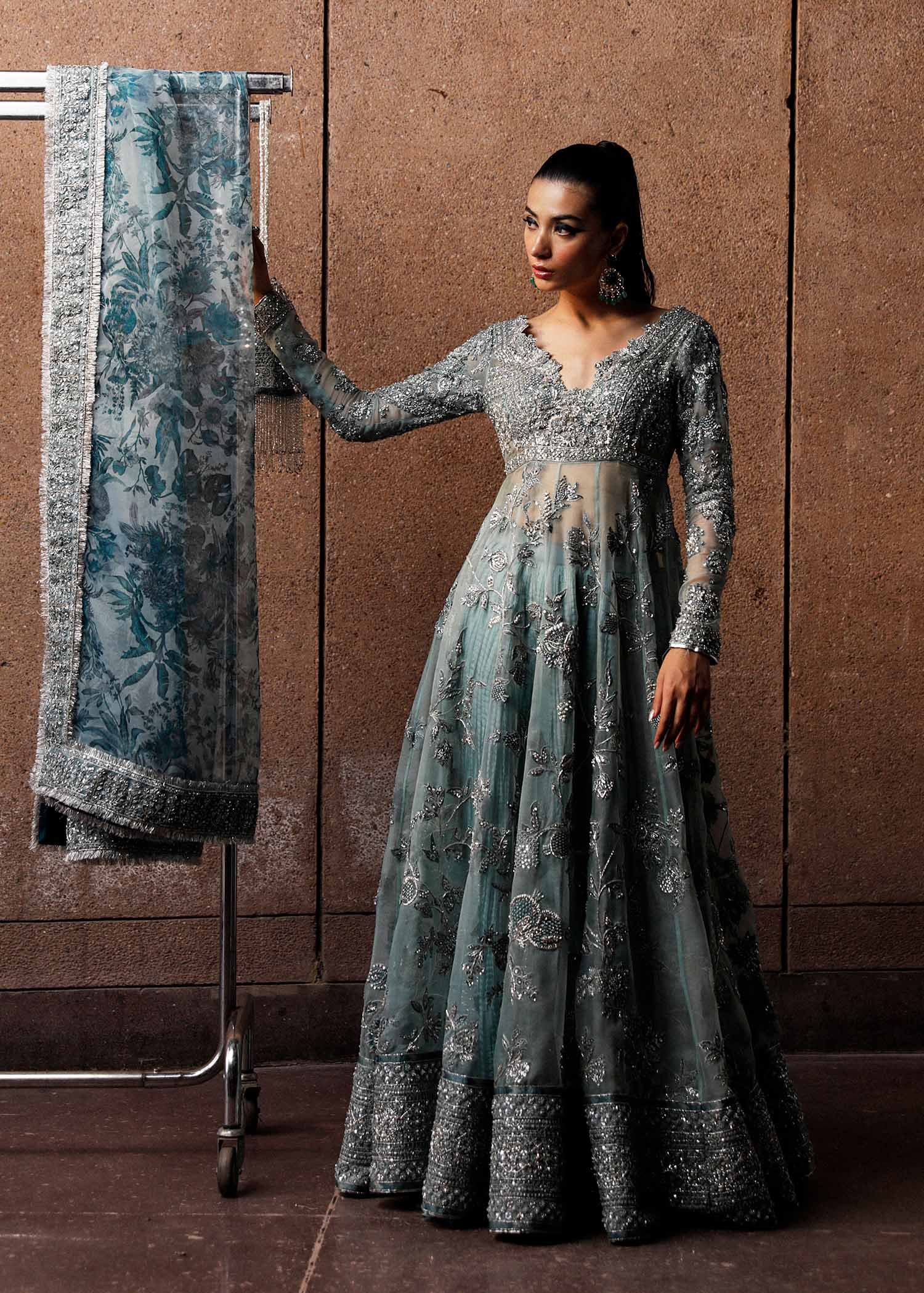 Hussain Rehar Hand Embellished Silk Party Wear Suit - Four-Sided Embroidered Dupatta & Pallu Border | IQNAZ