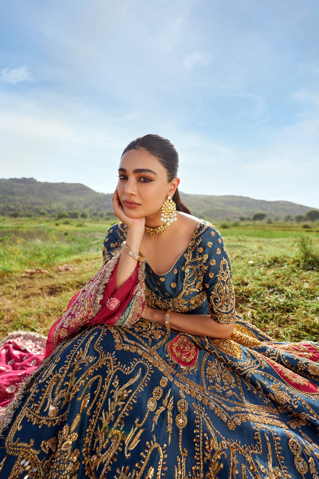 Ahmad Sultan Suraz Hand Embellished Organza Bridal Lehenga - Four-Sided Embroidered Dupatta & Pallu Border | IQNAZ