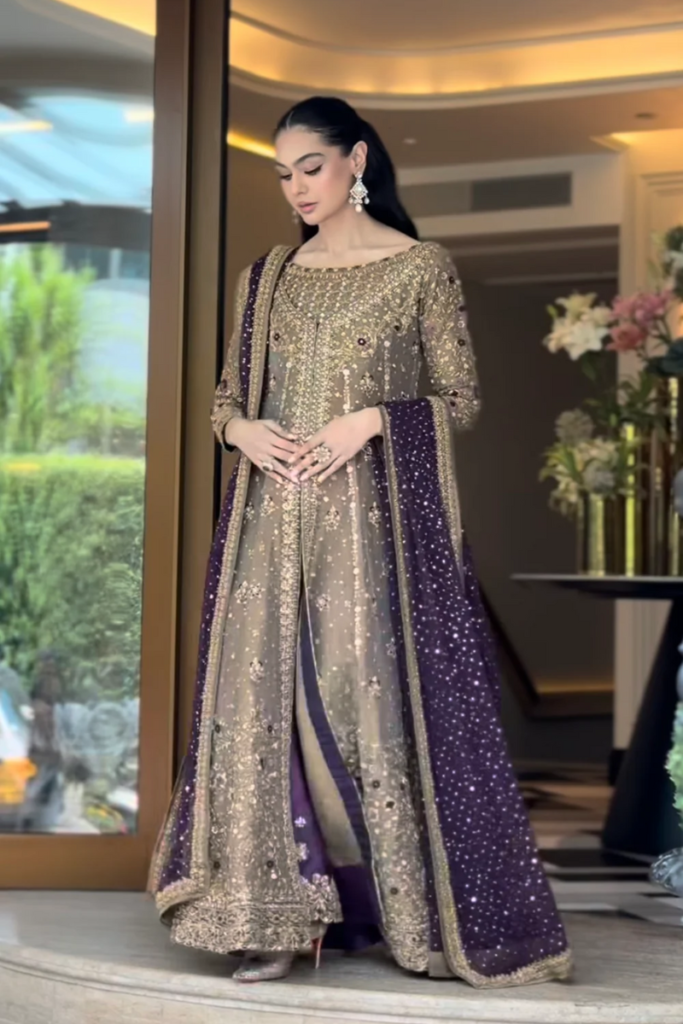 Haris Shakeel Hand Embellished Organza Party Wear Suit - Model Front Look | Pakistani Designer Replica Wholesale | IQNAZ