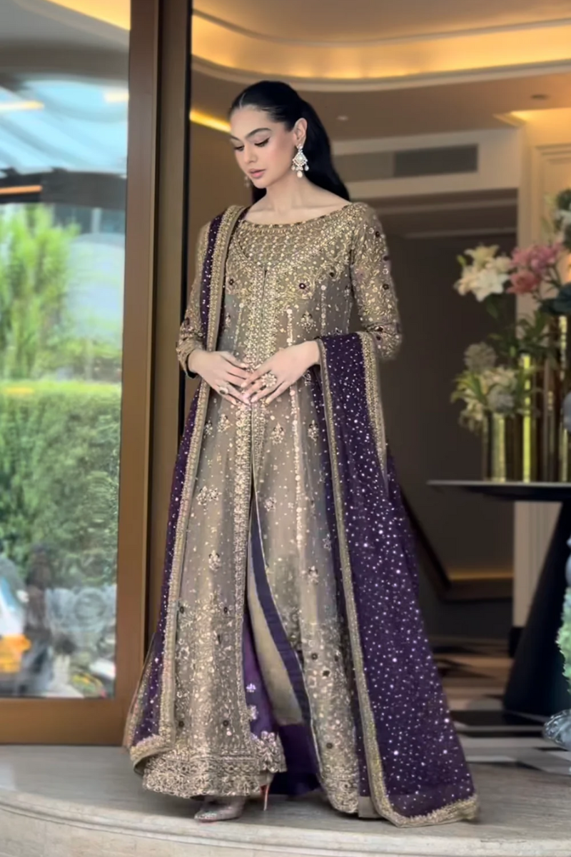 Haris Shakeel Hand Embellished Organza Party Wear Suit - Model Front Look | Pakistani Designer Replica Wholesale | IQNAZ
