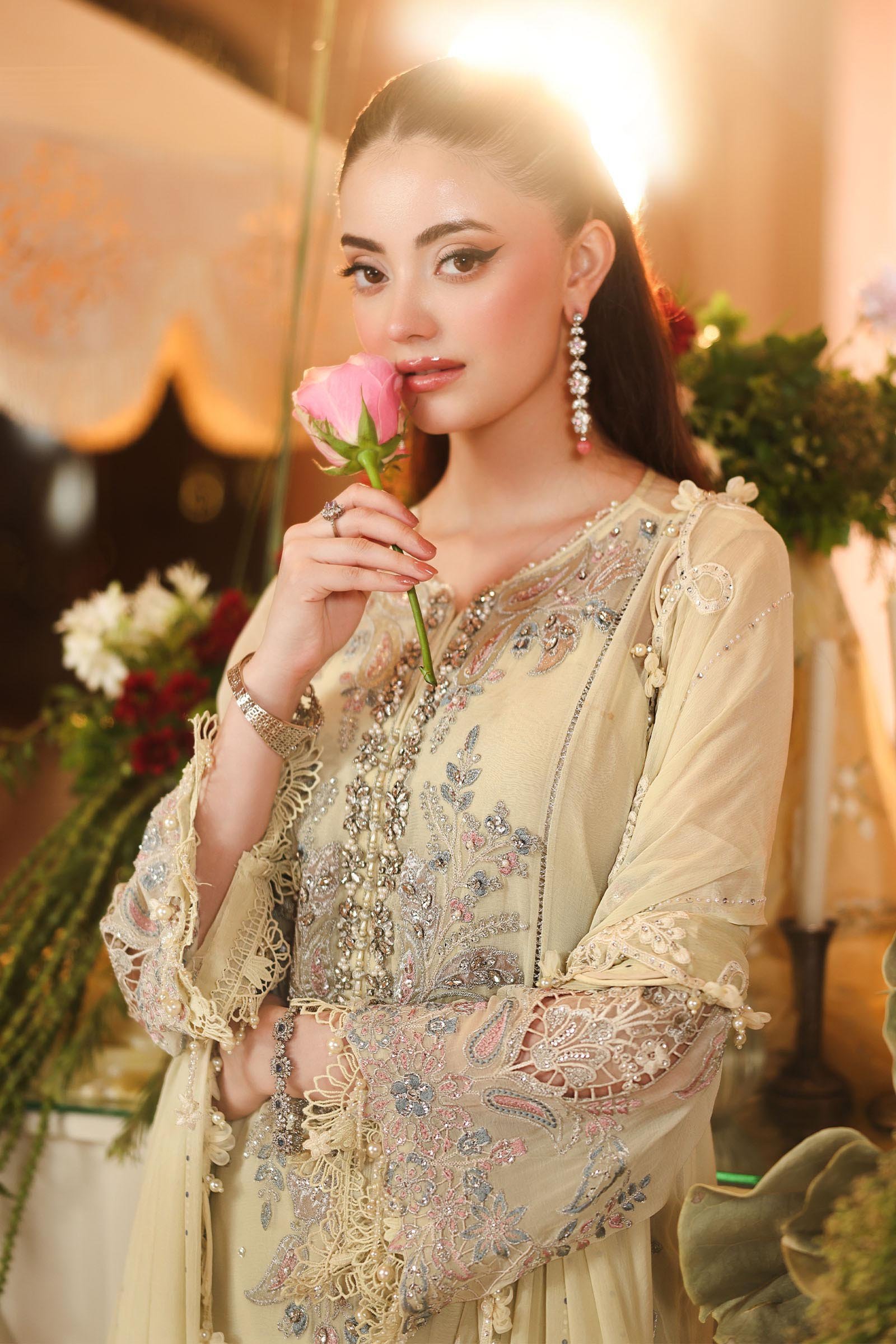 Maria B Embroidered Chiffon Party Wear Suit - Close-Up Hand Embellishment Tilla & Pearl Work | IQNAZ