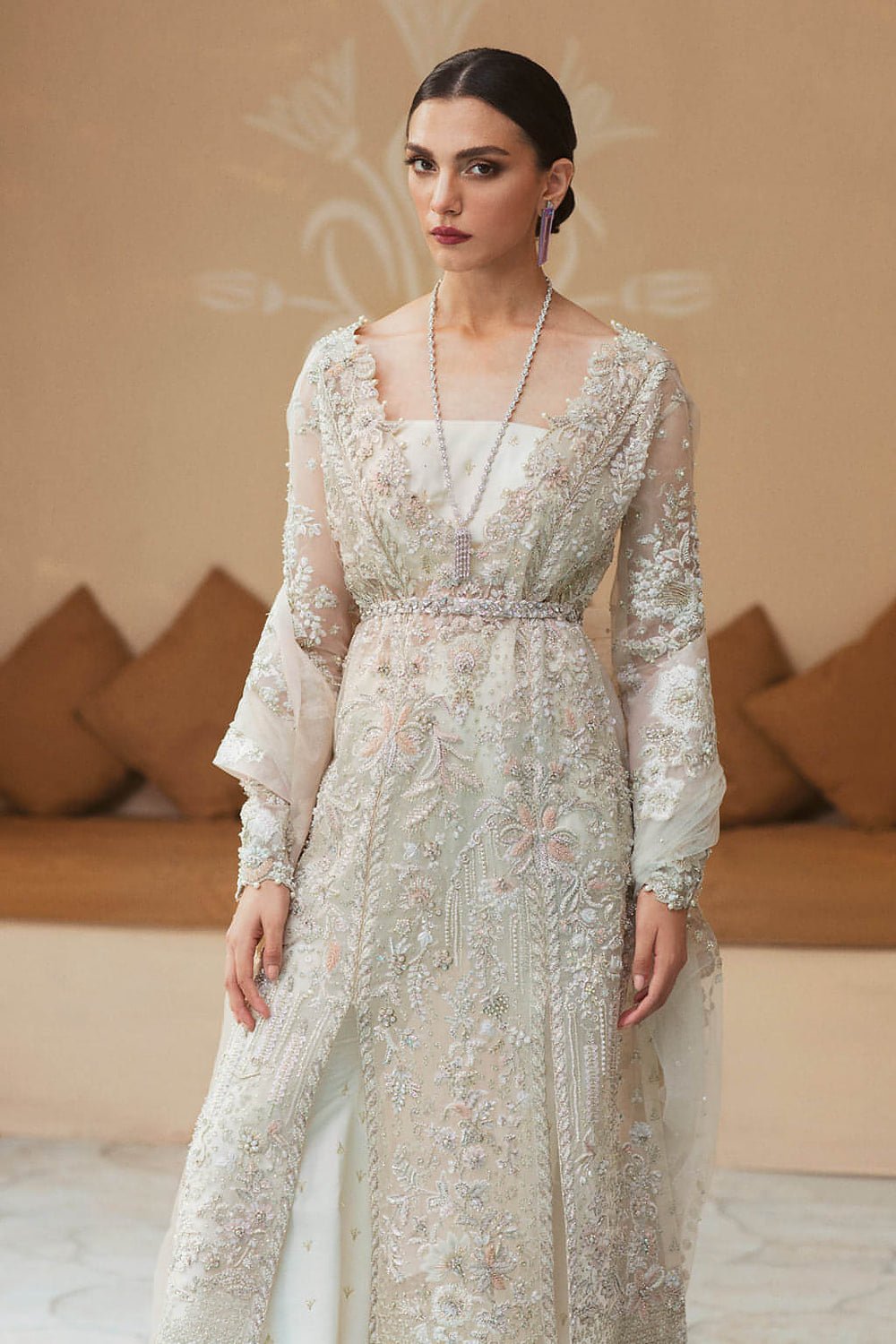 Soraya Anya Hand Embellished Net Bridal Maxi - Close-Up Hand Embellishment Tilla & Pearl Work | IQNAZ