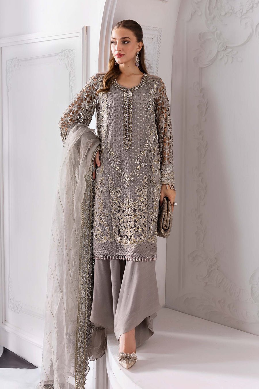Maria B BD-3006 Hand Embellished Organza Party Wear Suit - Close-Up Hand Embellishment Tilla & Pearl Work | IQNAZ