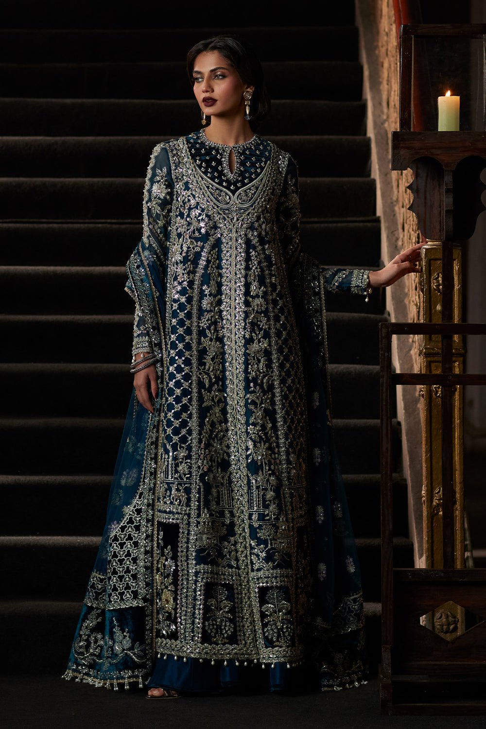 Saad Bin Shahzad Embroidered Net Party Wear Suit - Embroidered Back & Daman Silhouette Detailing | IQNAZ