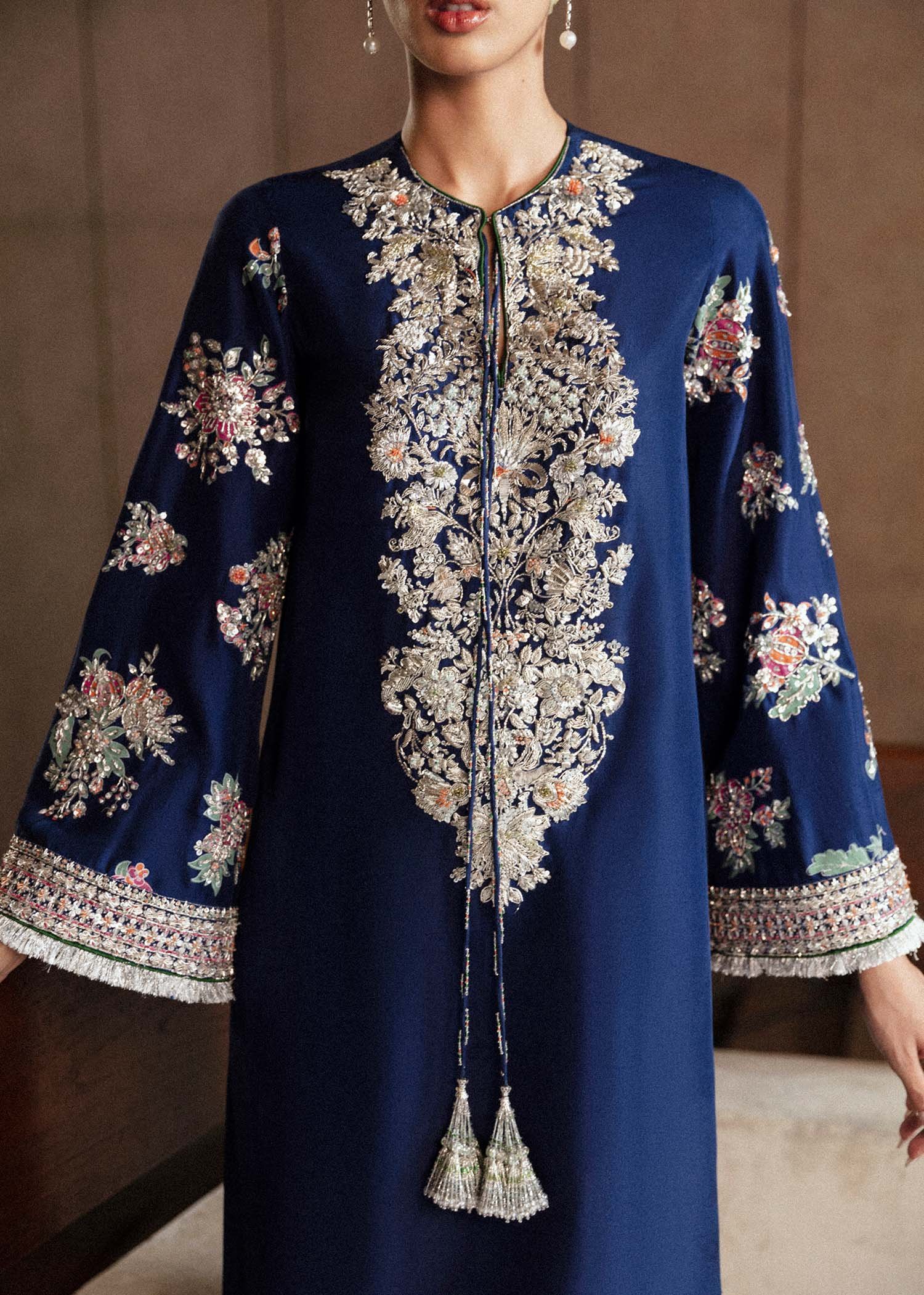 Hussain Rehar Saxe Embroidered Organza Party Wear Suit - Close-Up Hand Embellishment Tilla & Pearl Work | IQNAZ