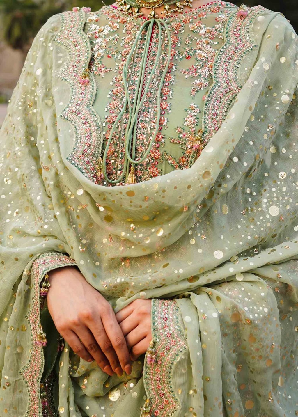 Hussain Rehar Hand Embellished Chiffon Party Wear Suit – Dupatta & Border Detailing Hussain Rehar Hand Embellished Chiffon Party Wear Suit - Four-Sided Embroidered Dupatta & Pallu Border | IQNAZ