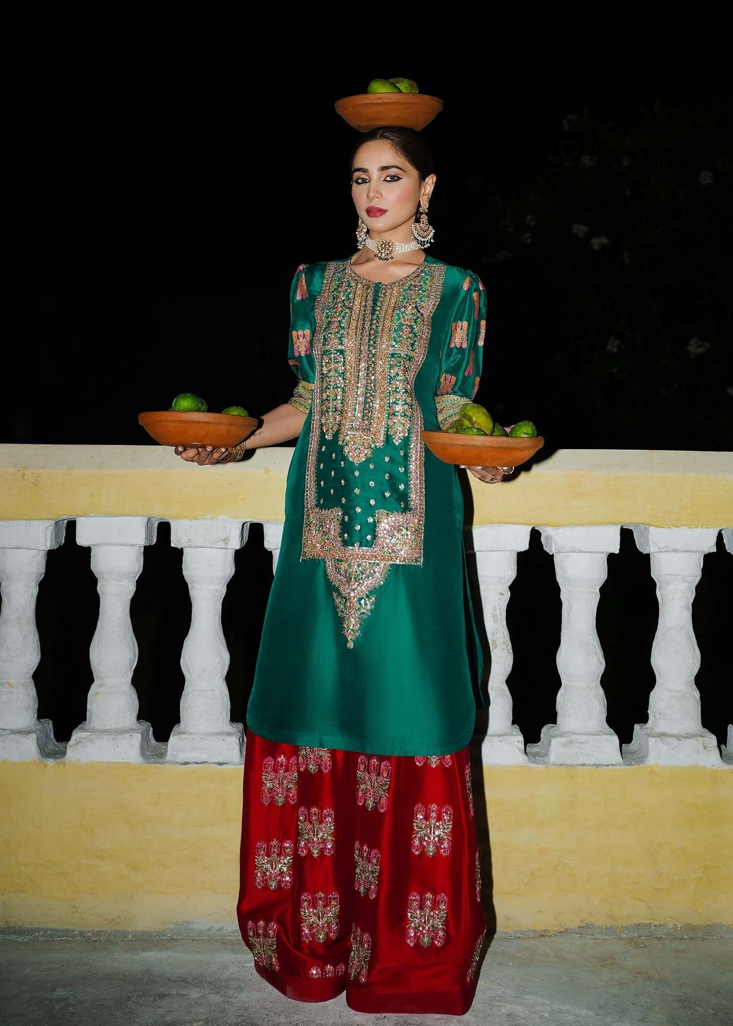 Hussain Rehar Embroidered Organza Party Wear Suit - Embroidered Back & Daman Silhouette Detailing | IQNAZ