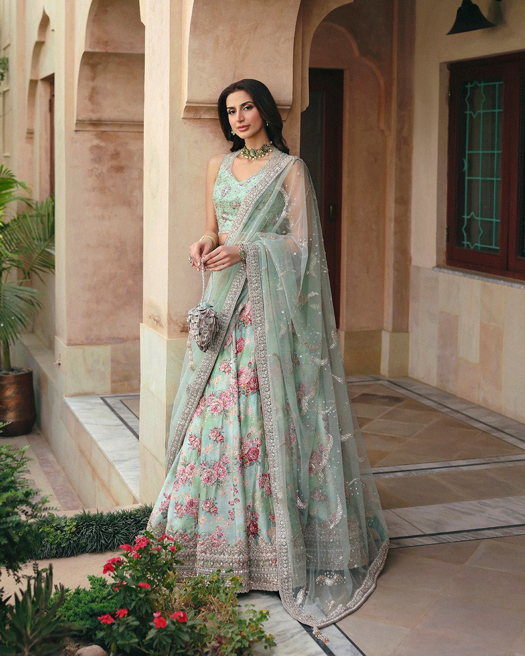 Faiza Saqlain Rosabelle Hand Embellished Organza Party Wear Suit – Model Front View Faiza Saqlain Rosabelle Hand Embellished Organza Party Wear Suit - Model Front Look | Pakistani Designer Replica Wholesale | IQNAZ