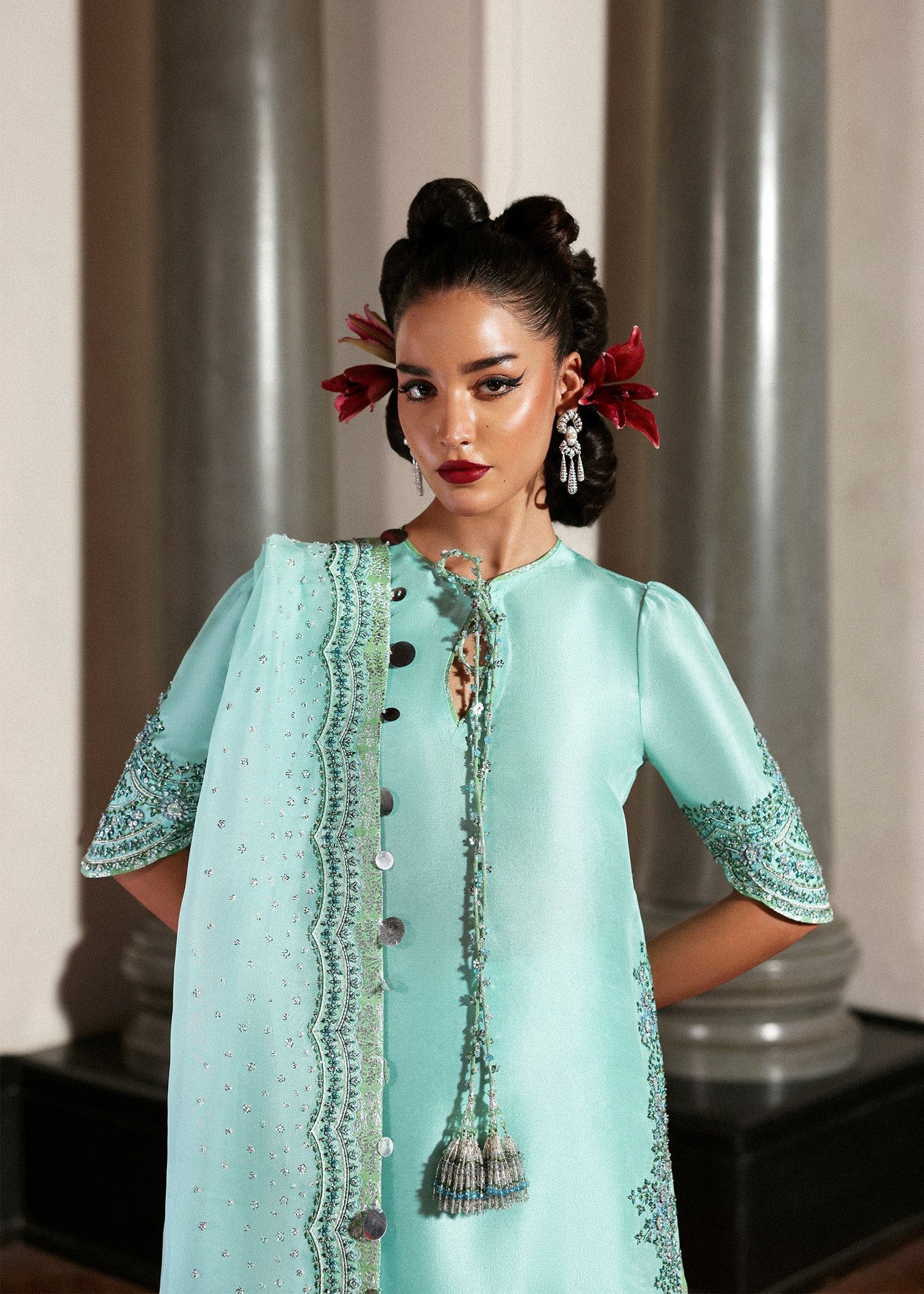 Hussain Rehar Embroidered Organza Party Wear Suit - Embroidered Back & Daman Silhouette Detailing | IQNAZ