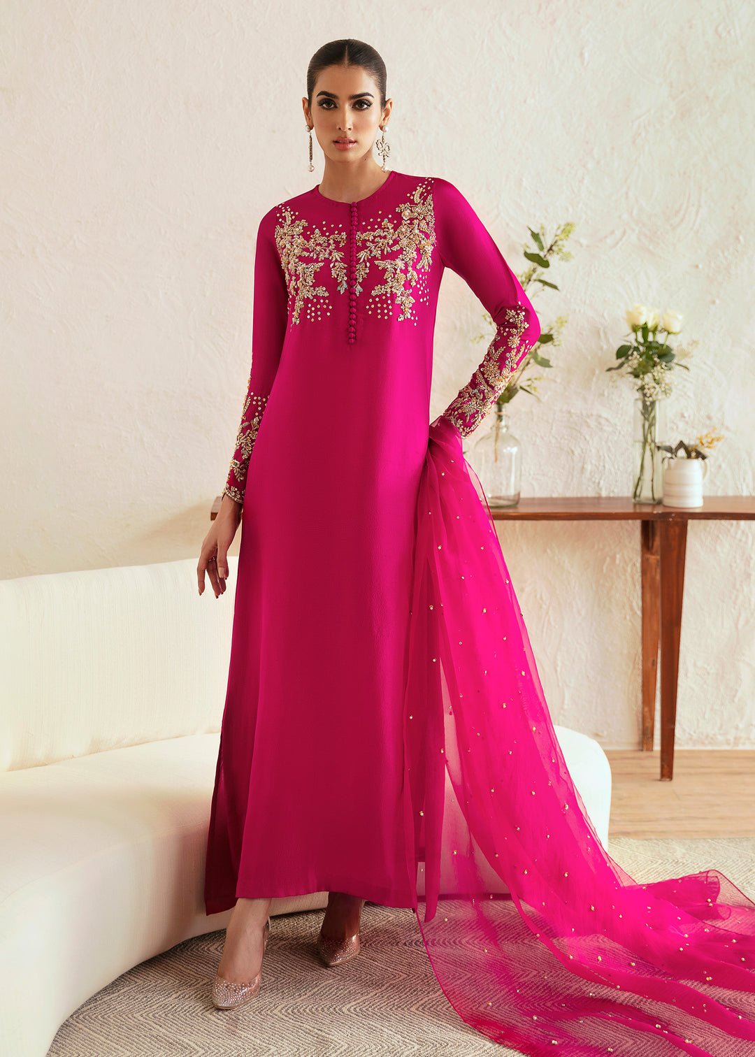 Kanwal Malik Myra Embroidered Organza Party Wear Suit - Model Front Look | Pakistani Designer Replica Wholesale | IQNAZ