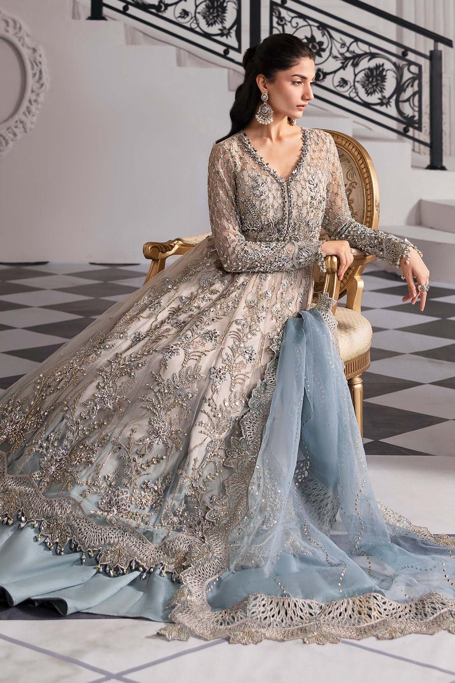 Maria B BD-3002 Hand Embellished Net Flared Suit – Photoshoot Angle 6 Maria B BD-3002 Hand Embellished Net Flared Suit - Designer Photoshoot Gallery Angle 6 | IQNAZ Couture