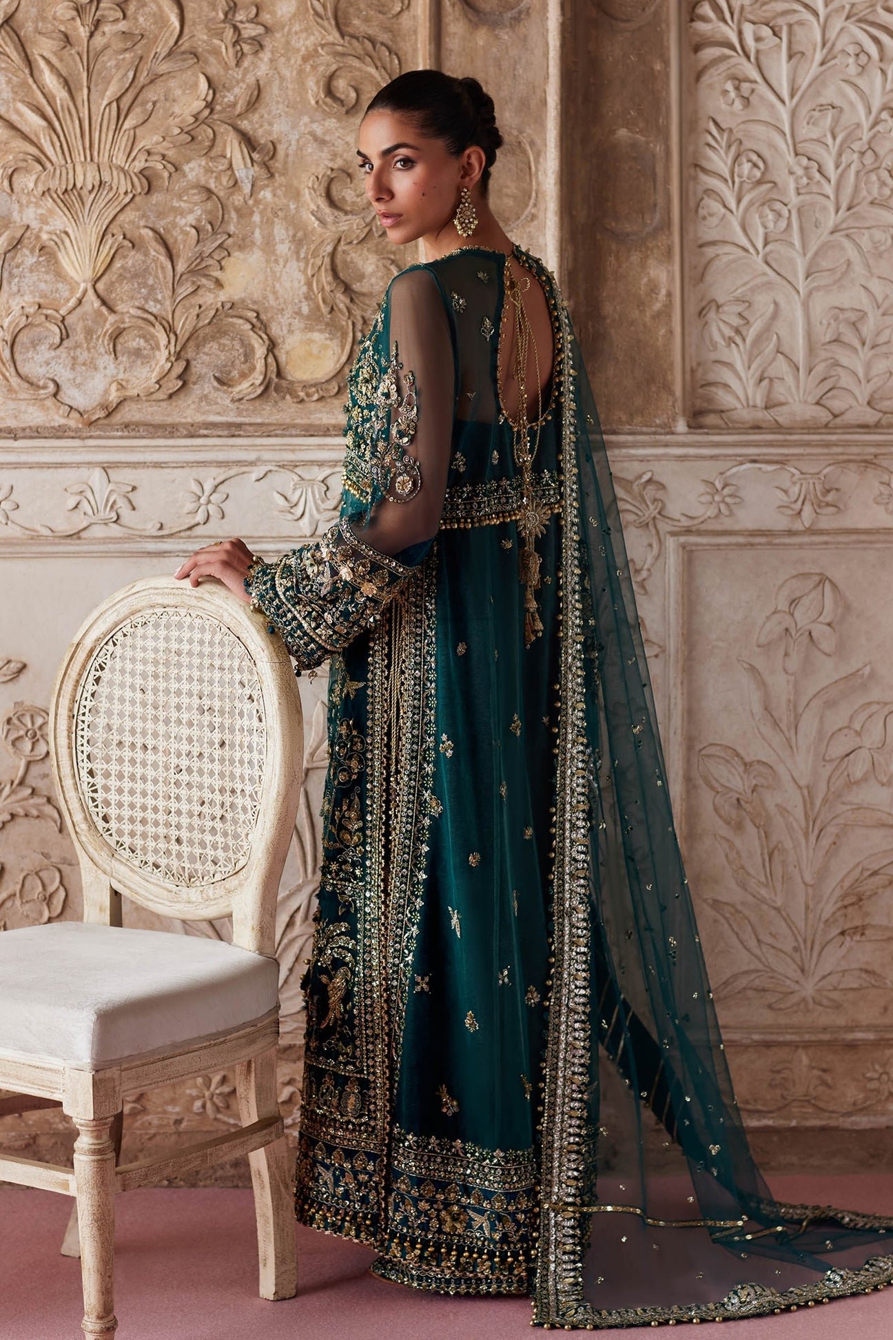 Zaha Aylin Hand Embellished Net Formal Frock - Four-Sided Embroidered Dupatta & Pallu Border | IQNAZ