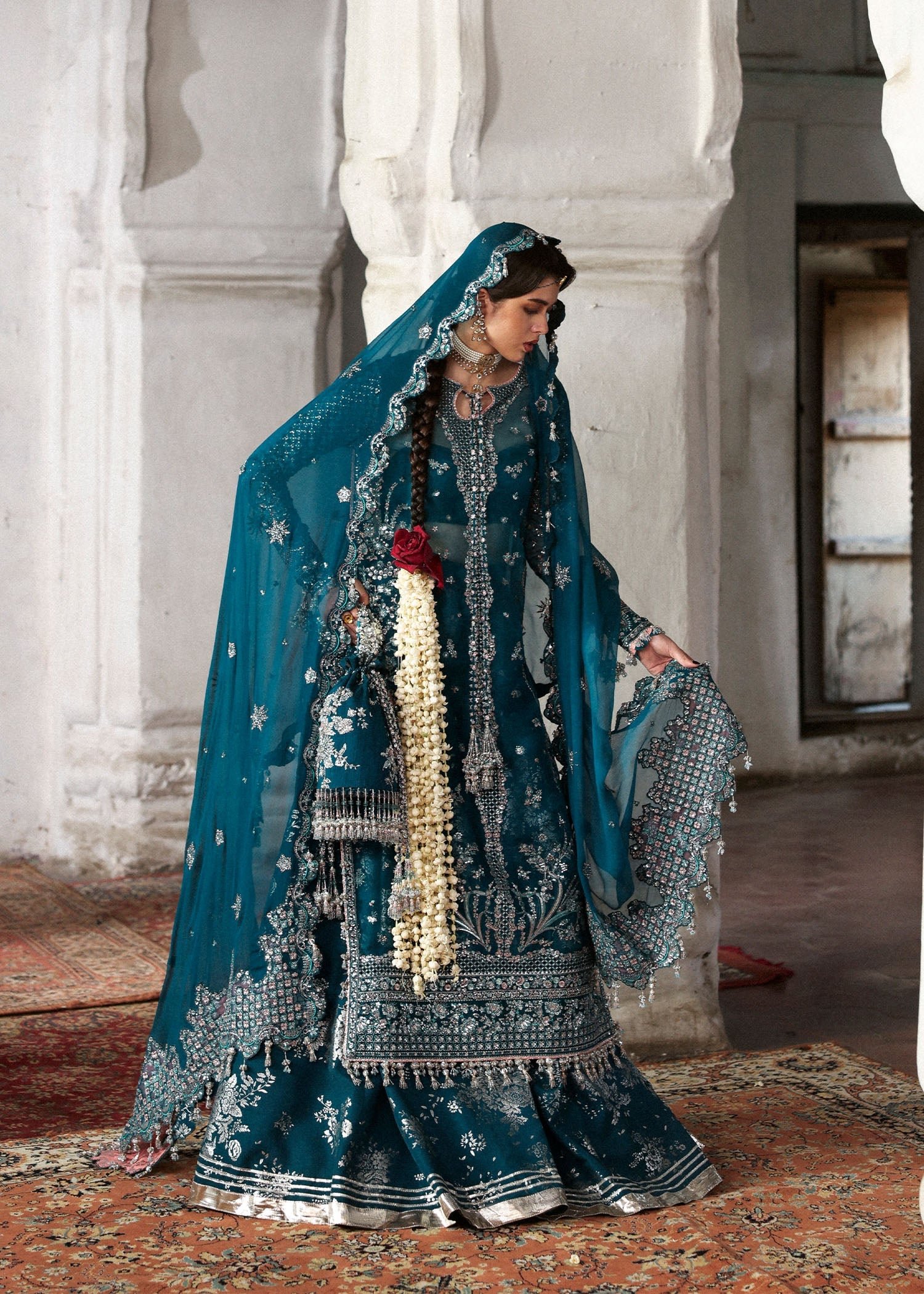 Hussain Rehar Embroidered Organza Party Wear Suit – Embroidery & Handwork Detail Hussain Rehar Embroidered Organza Party Wear Suit - Close-Up Hand Embellishment Tilla & Pearl Work | IQNAZ
