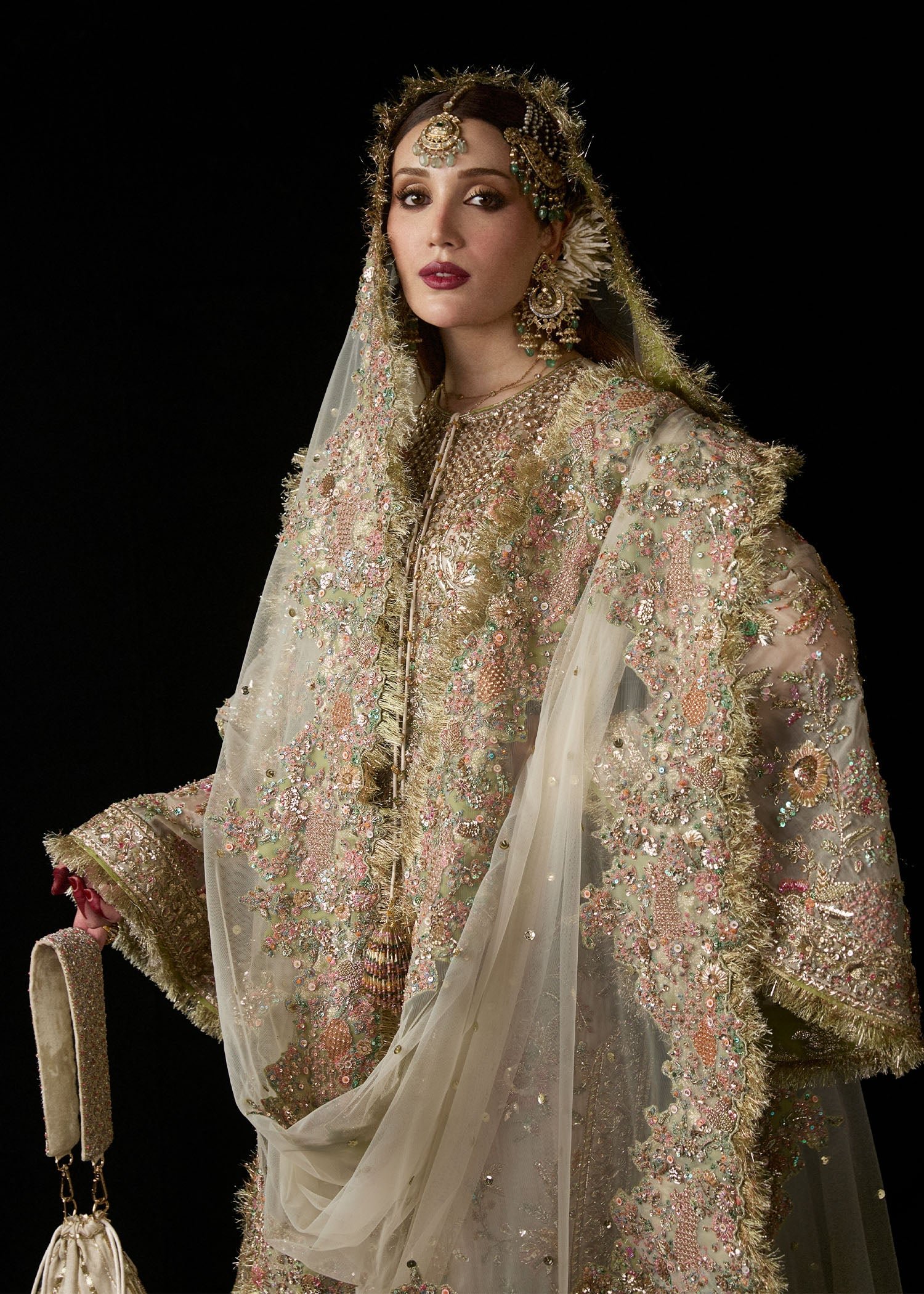 Hussain Rehar Mahtabi Embroidered Organza Party Wear Suit - Close-Up Hand Embellishment Tilla & Pearl Work | IQNAZ