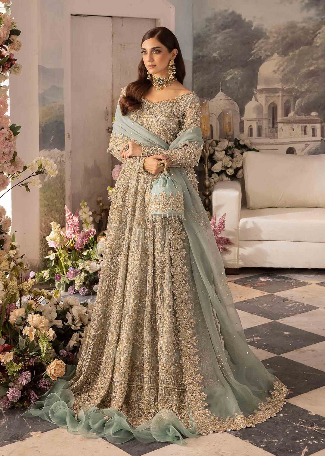Kanwal Malik Hand Embellished Organza Party Wear Suit - Model Front Look | Pakistani Designer Replica Wholesale | IQNAZ