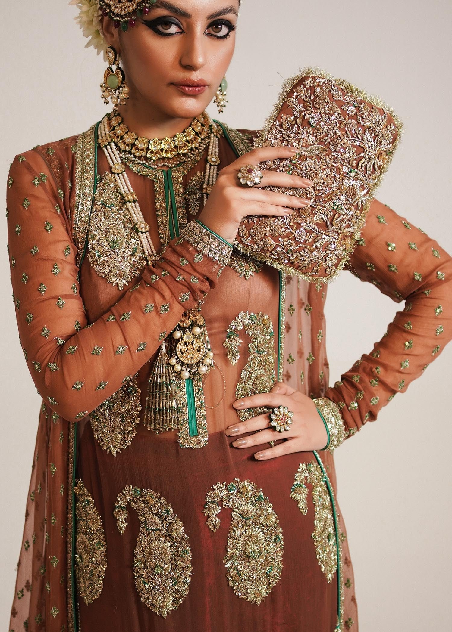 Hussain Rehar Hand Embellished Silk Party Wear Suit – Dupatta & Border Detailing Hussain Rehar Hand Embellished Silk Party Wear Suit - Four-Sided Embroidered Dupatta & Pallu Border | IQNAZ