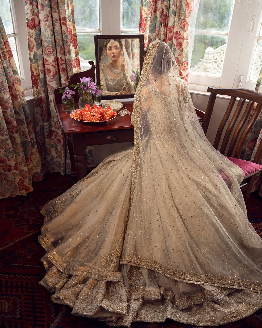 Faiza Saqlain Anamta Hand Embellished Organza Party Wear Suit - Close-Up Hand Embellishment Tilla & Pearl Work | IQNAZ
