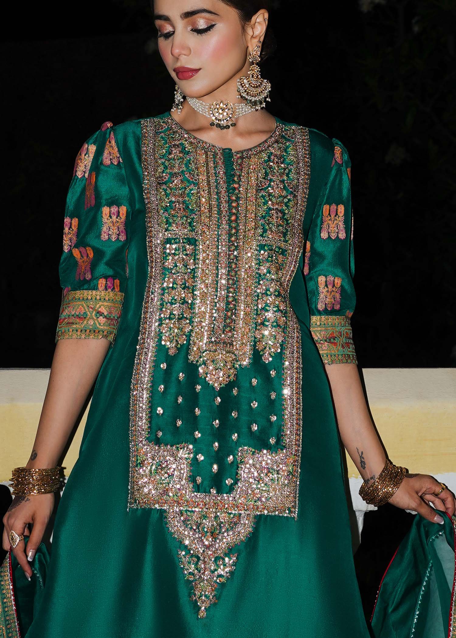 Hussain Rehar Embroidered Organza Party Wear Suit - Close-Up Hand Embellishment Tilla & Pearl Work | IQNAZ
