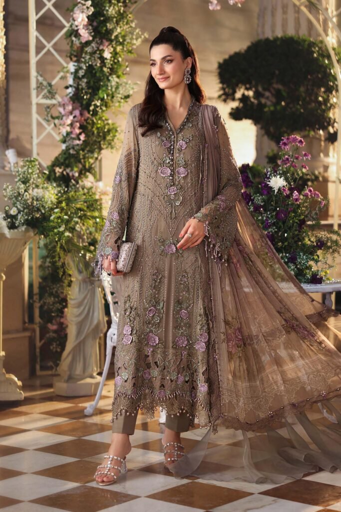 Maria B Embroidered Chiffon Party Wear Suit - Model Front Look | Pakistani Designer Replica Wholesale | IQNAZ