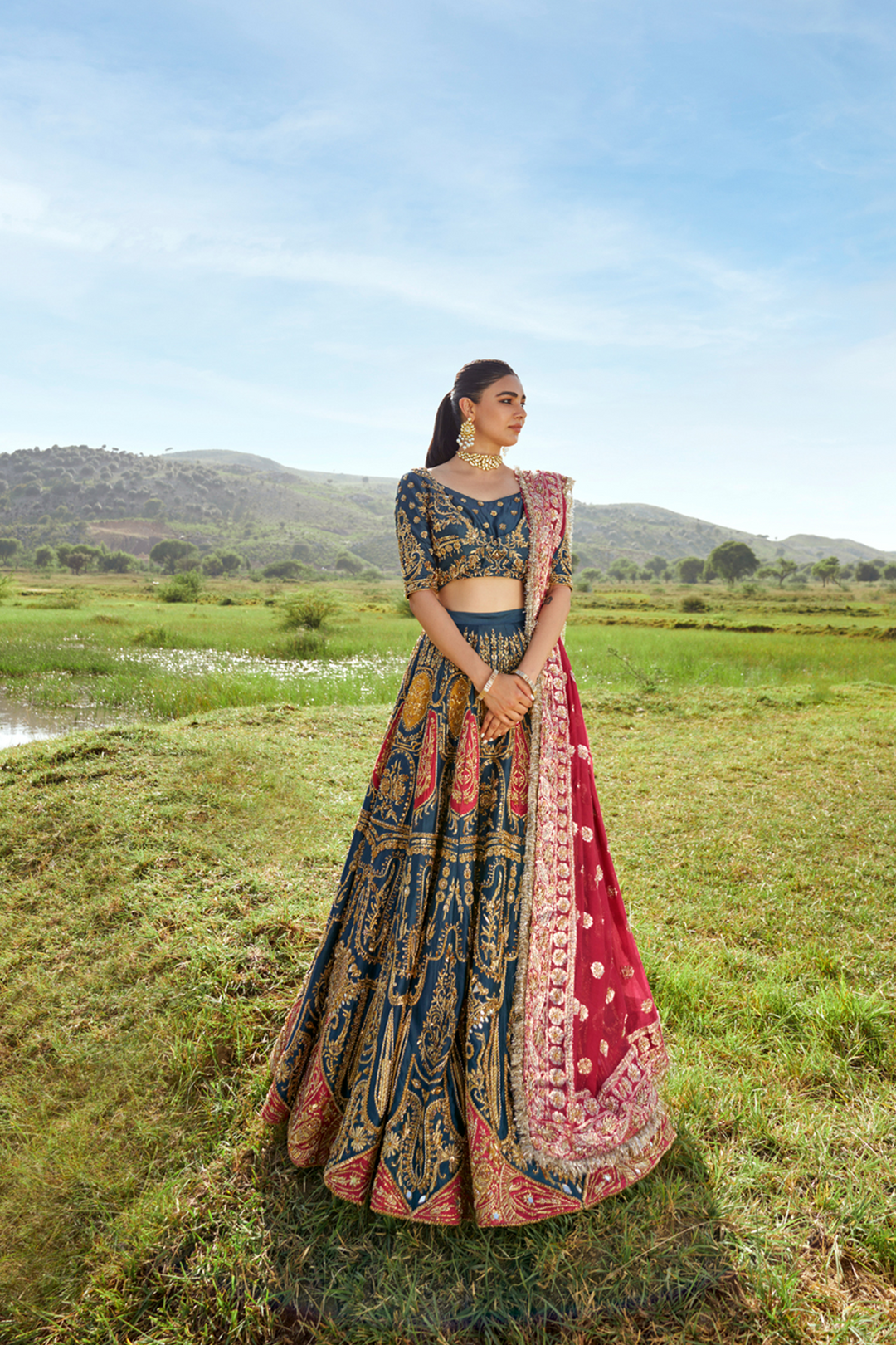 Ahmad Sultan Suraz Hand Embellished Organza Bridal Lehenga - Model Front Look | Pakistani Designer Replica Wholesale | IQNAZ