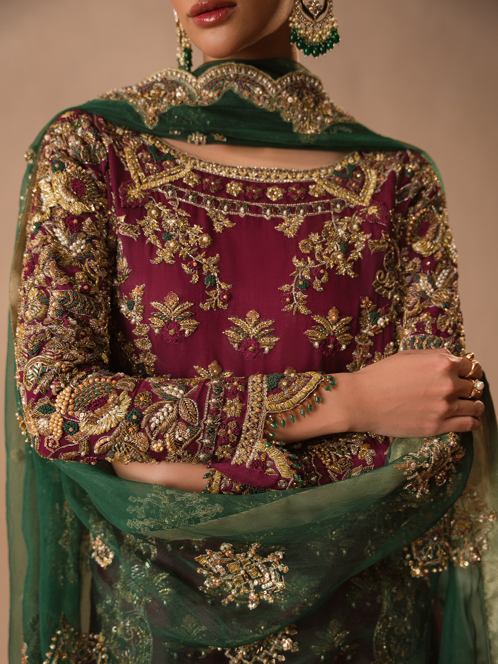 Abeera Usman Embroidered Organza Party Wear Suit - Four-Sided Embroidered Dupatta & Pallu Border | IQNAZ