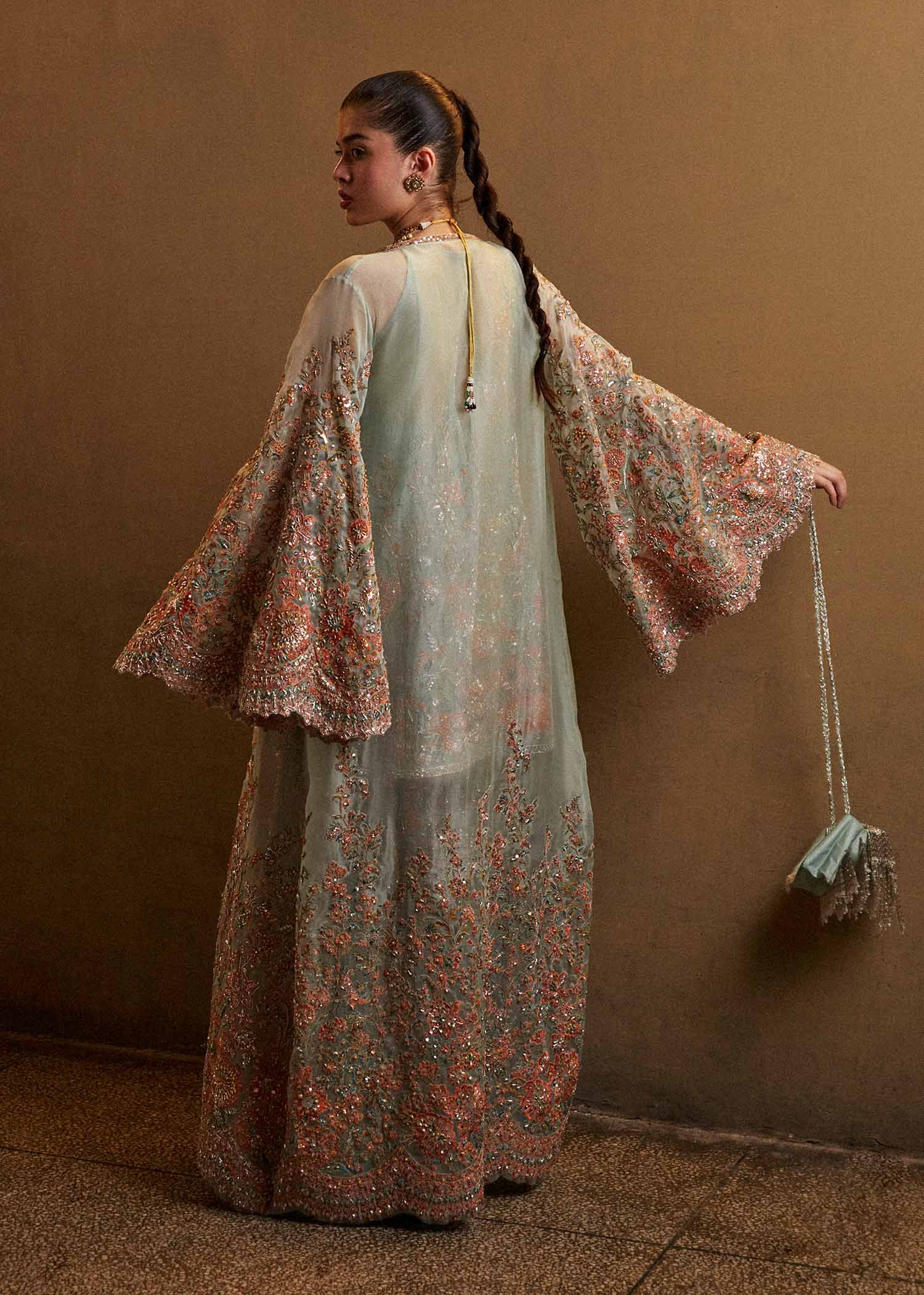 Hussain Rehar Hand Embellished Organza Party Wear Suit - Matching Bottom & Trouser Fabric Details | IQNAZ