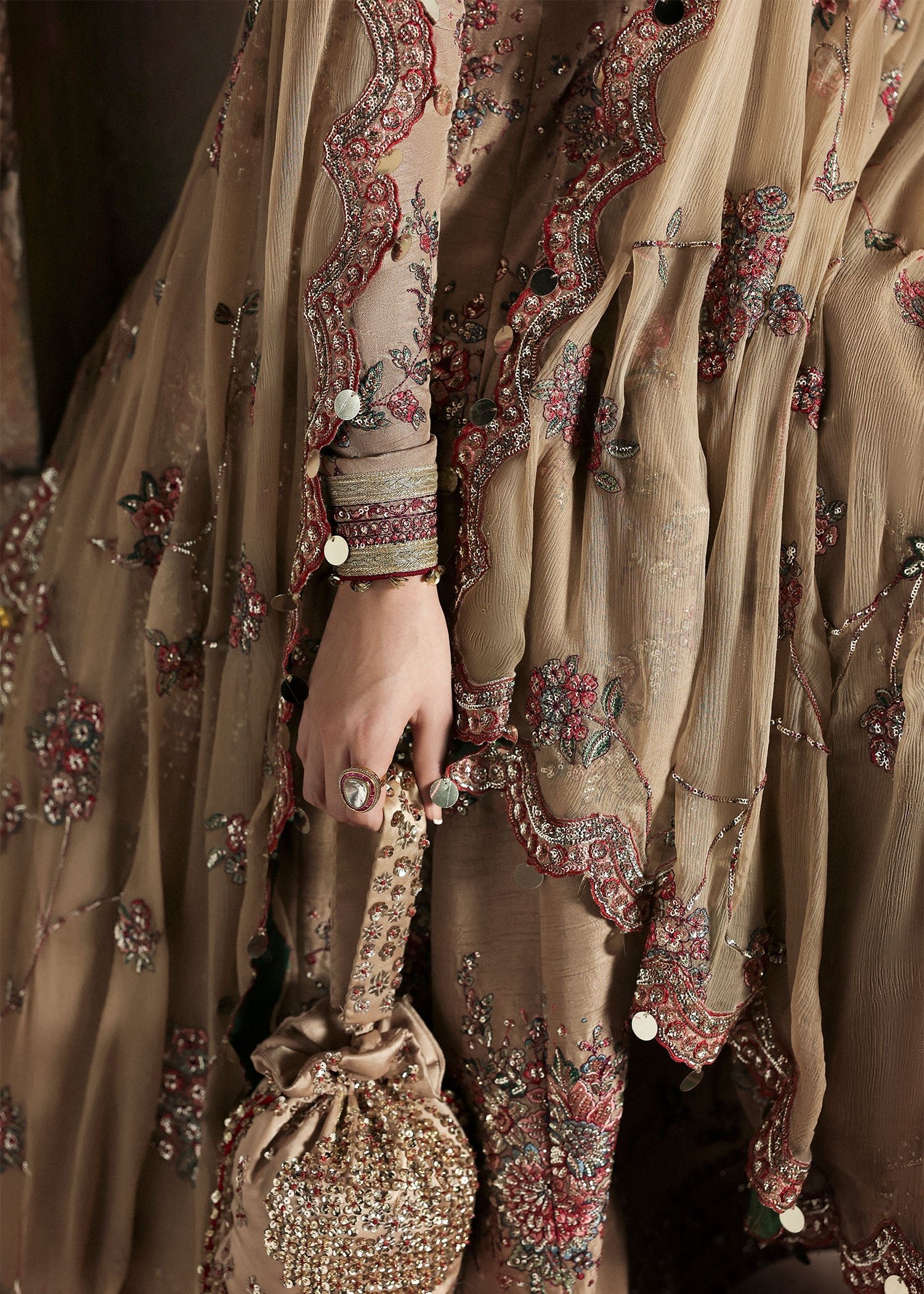 Hussain Rehar Hand Embellished Chiffon Party Wear Suit – Embroidery & Handwork Detail Hussain Rehar Hand Embellished Chiffon Party Wear Suit - Close-Up Hand Embellishment Tilla & Pearl Work | IQNAZ