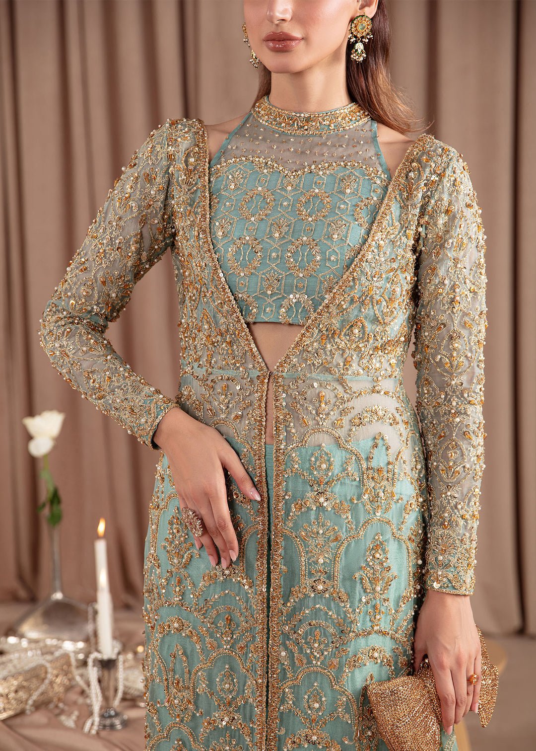 Kanwal Malik Aquamarine Embroidered Organza Party Wear Suit - Four-Sided Embroidered Dupatta & Pallu Border | IQNAZ