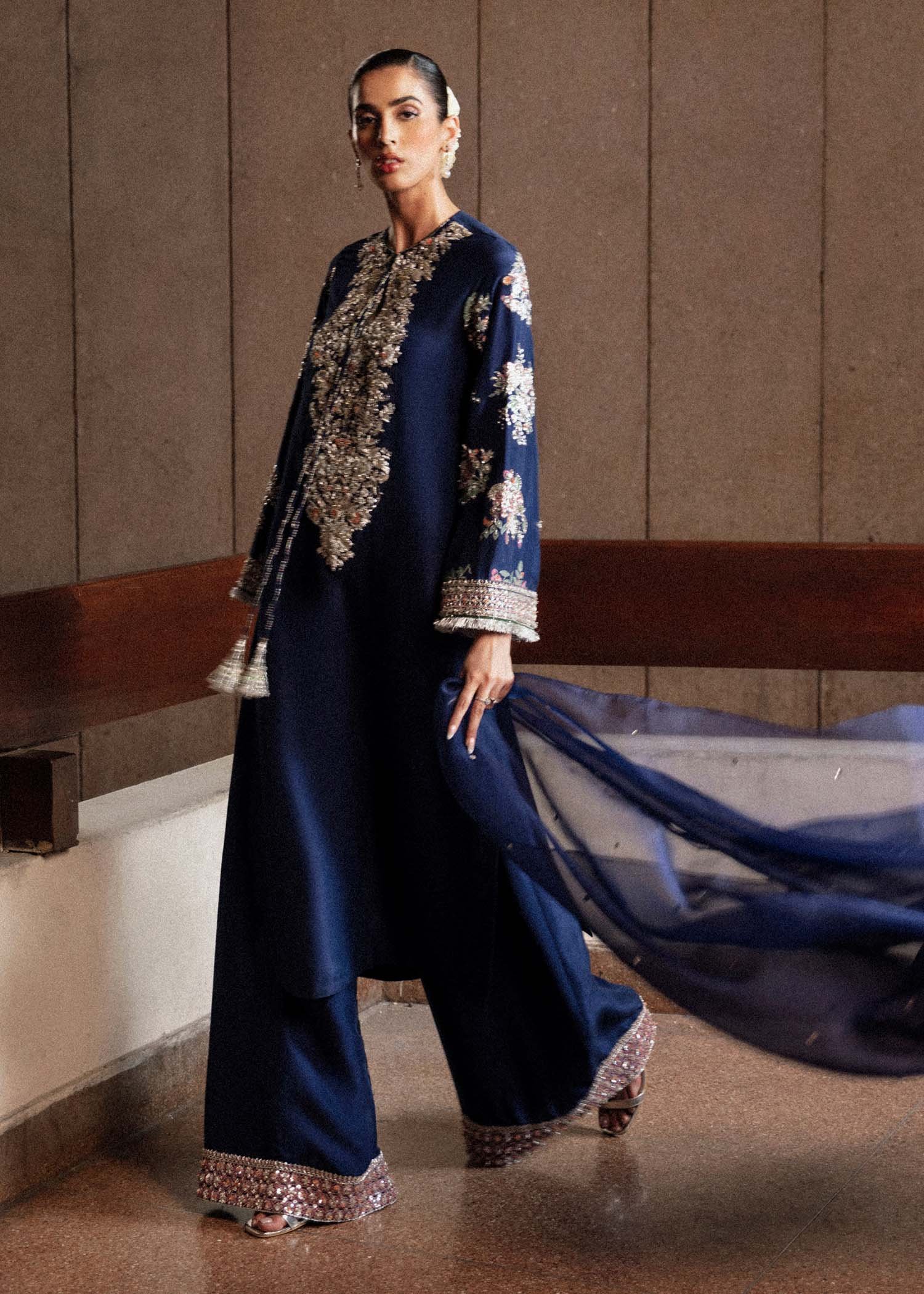 Hussain Rehar Saxe Embroidered Organza Party Wear Suit - Four-Sided Embroidered Dupatta & Pallu Border | IQNAZ