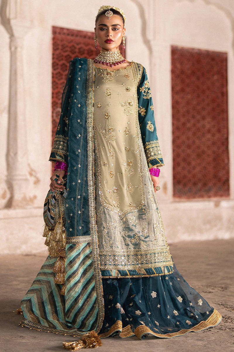 Mohsin Naveed Ranjha Lehar Embroidered Organza Party Wear Suit – Back View & Silhouette Mohsin Naveed Ranjha Lehar Embroidered Organza Party Wear Suit - Embroidered Back & Daman Silhouette Detailing | IQNAZ