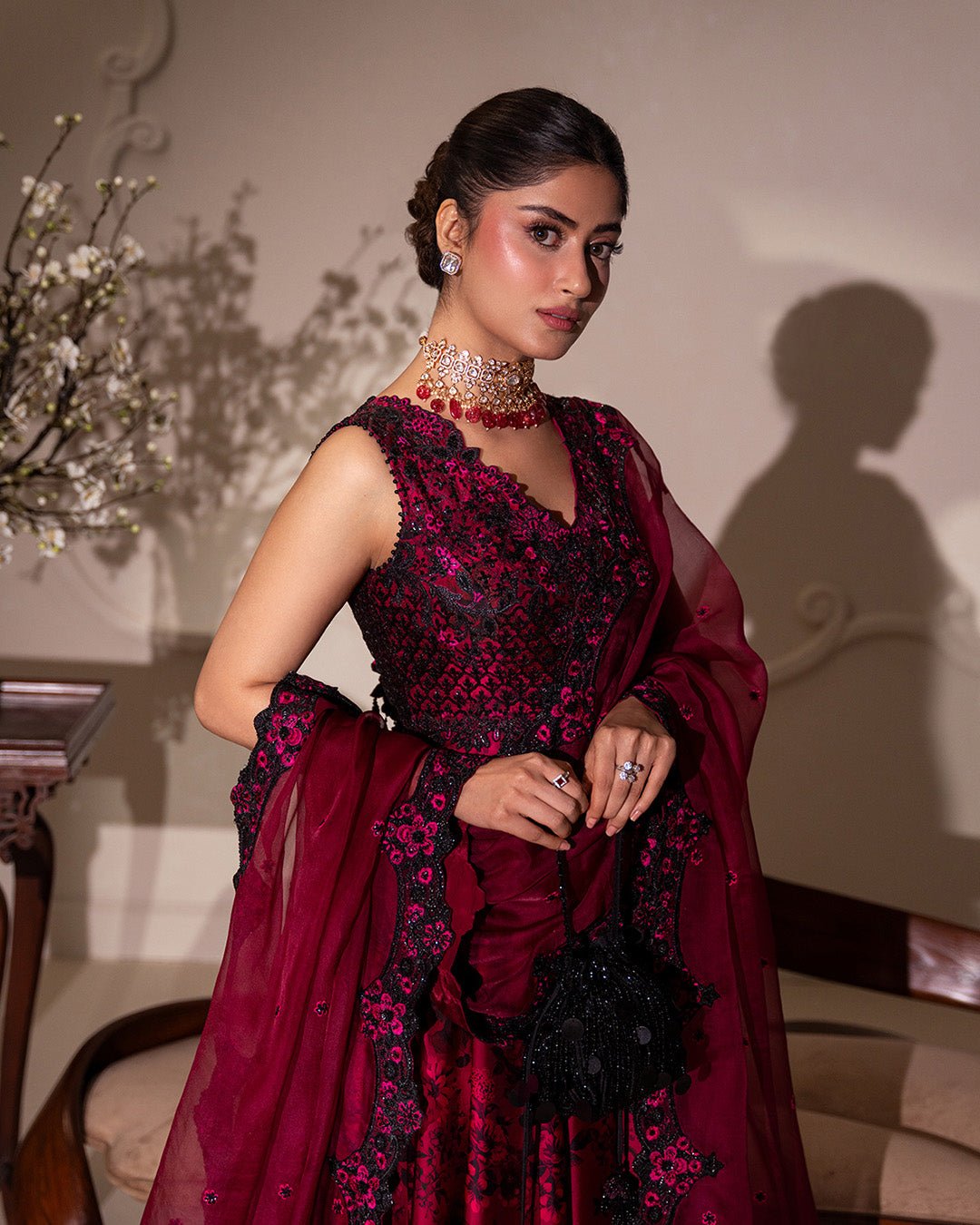Faiza Saqlain Havin Hand Embellished Organza Party Wear Suit - Matching Bottom & Trouser Fabric Details | IQNAZ