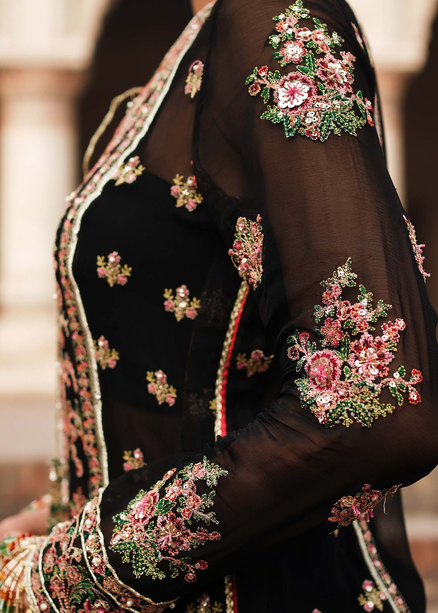 Hussain Rehar Embroidered Chiffon Party Wear Suit - Matching Bottom & Trouser Fabric Details | IQNAZ