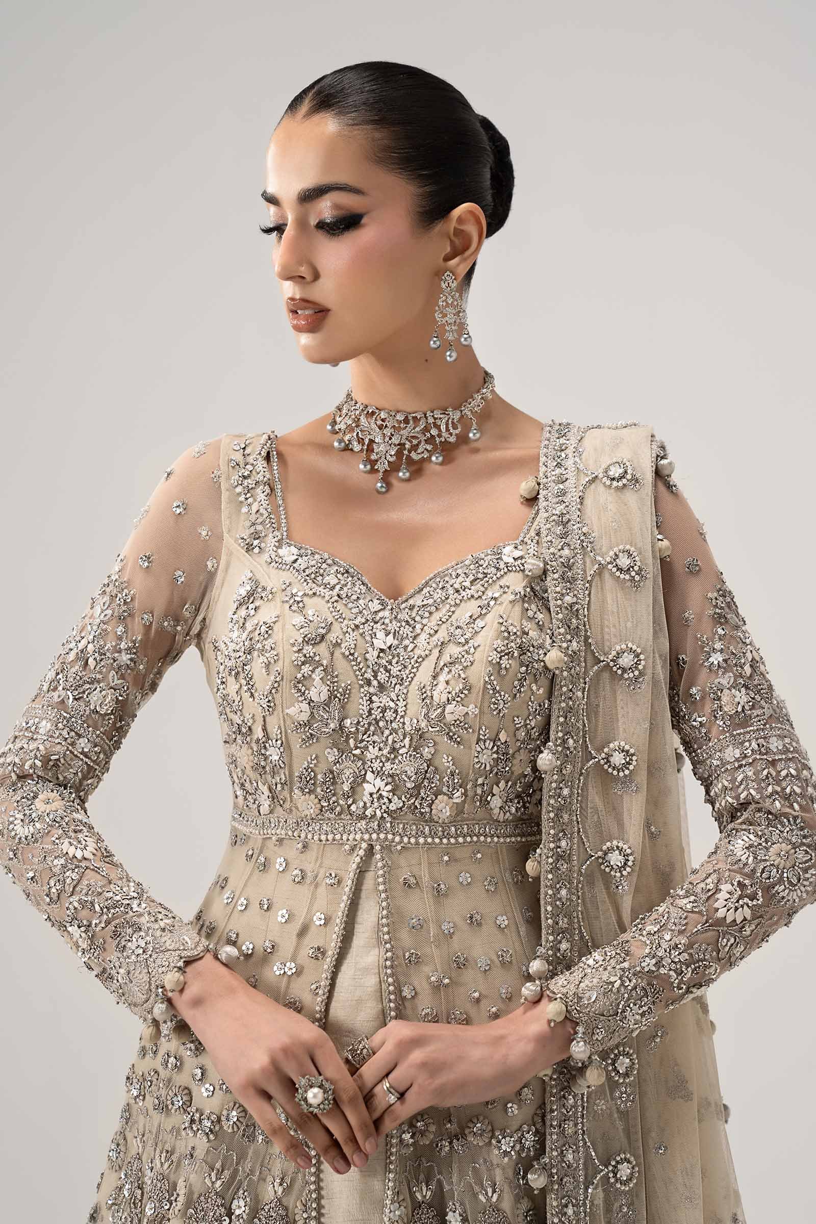 Maria B Elaria Hand Embellished Organza Party Wear Maxi – Embroidery & Handwork Detail Maria B Elaria Hand Embellished Organza Party Wear Maxi - Close-Up Hand Embellishment Tilla & Pearl Work | IQNAZ