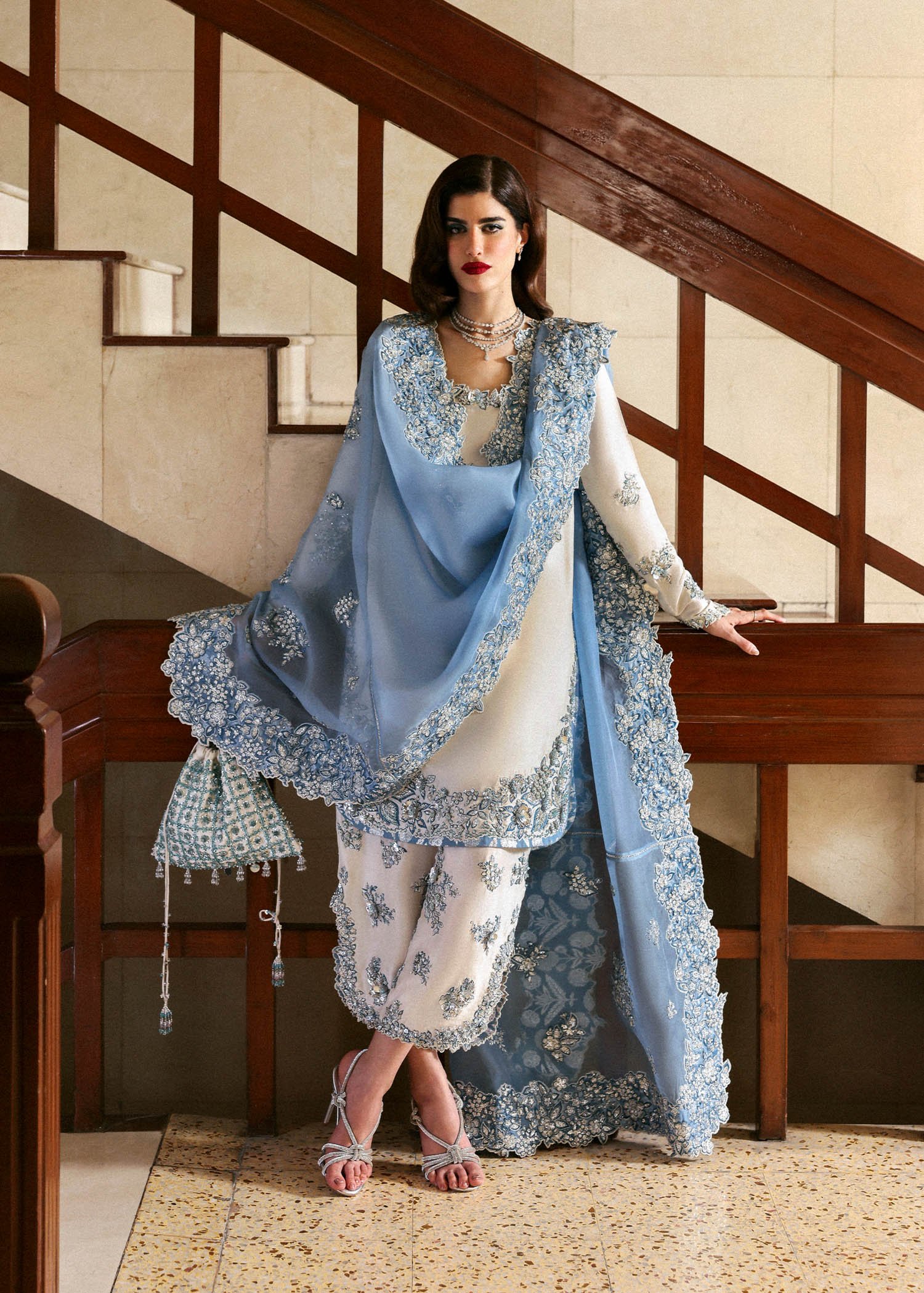 Hussain Rehar Embroidered Organza Party Wear Suit - Embroidered Back & Daman Silhouette Detailing | IQNAZ