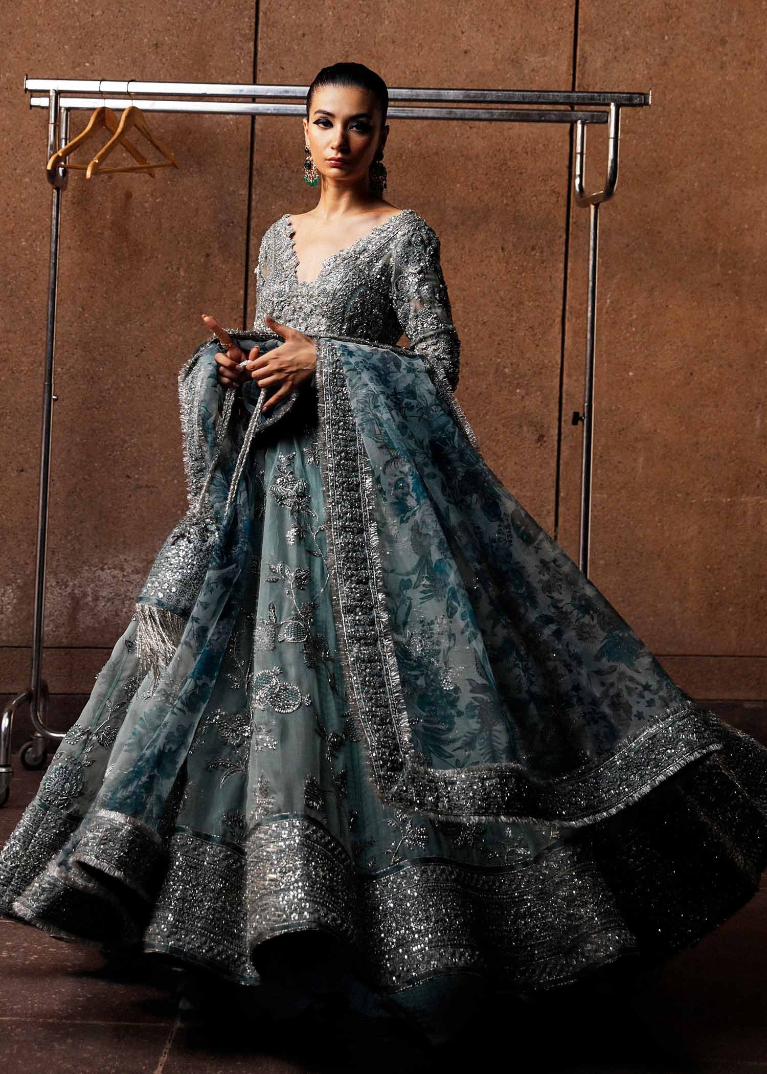 Hussain Rehar Hand Embellished Silk Party Wear Suit - Model Front Look | Pakistani Designer Replica Wholesale | IQNAZ