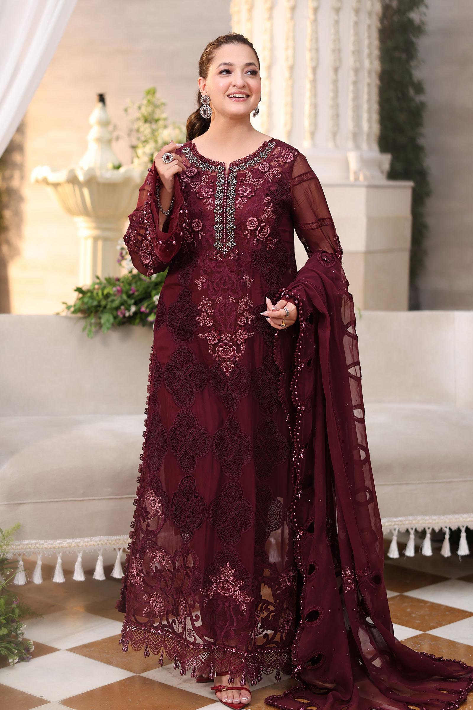 Maria B Embroidered Chiffon Party Wear Suit - Close-Up Hand Embellishment Tilla & Pearl Work | IQNAZ
