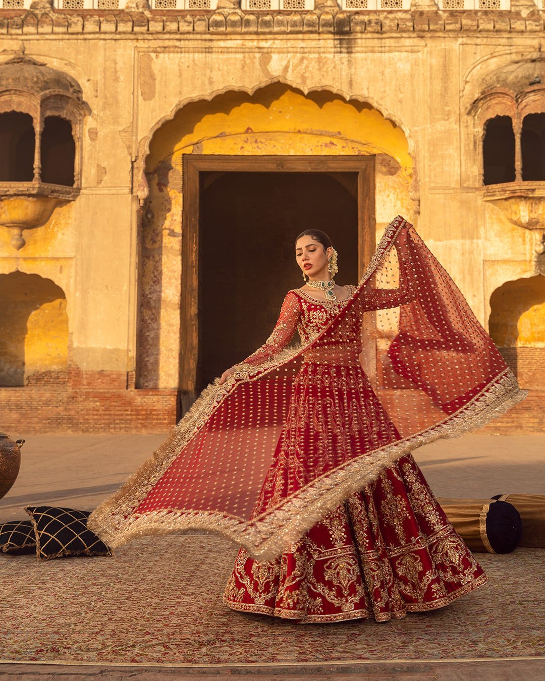 Faiza Saqlain Arusa Hand Embellished Raw Silk Bridal Lehenga – Dupatta & Border Detailing Faiza Saqlain Arusa Hand Embellished Raw Silk Bridal Lehenga - Four-Sided Embroidered Dupatta & Pallu Border | IQNAZ