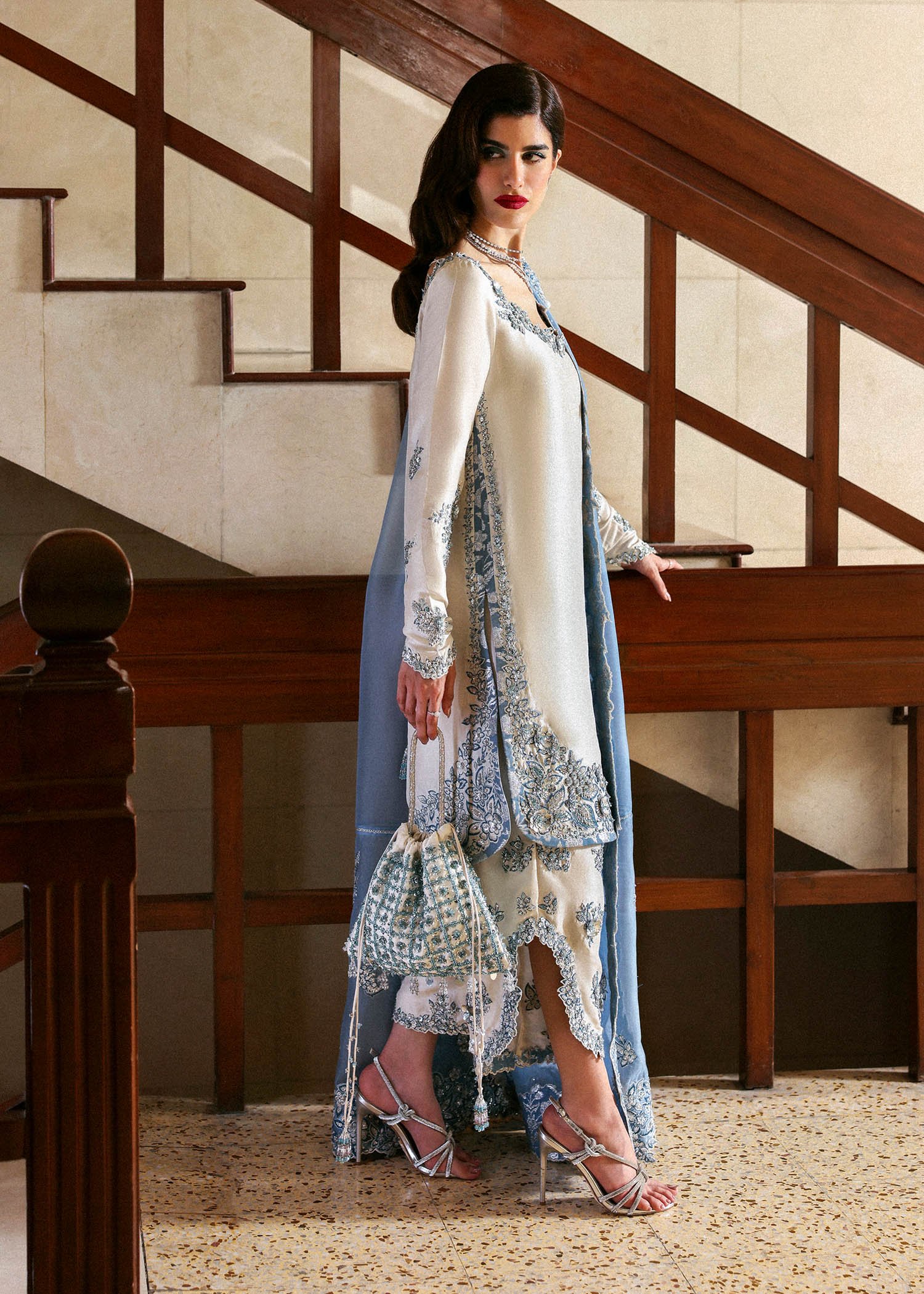 Hussain Rehar Embroidered Organza Party Wear Suit - Designer Photoshoot Gallery Angle 7 | IQNAZ Couture