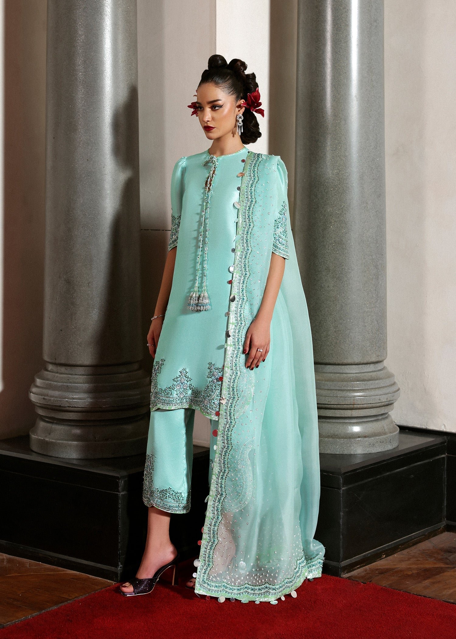 Hussain Rehar Embroidered Organza Party Wear Suit - Matching Bottom & Trouser Fabric Details | IQNAZ