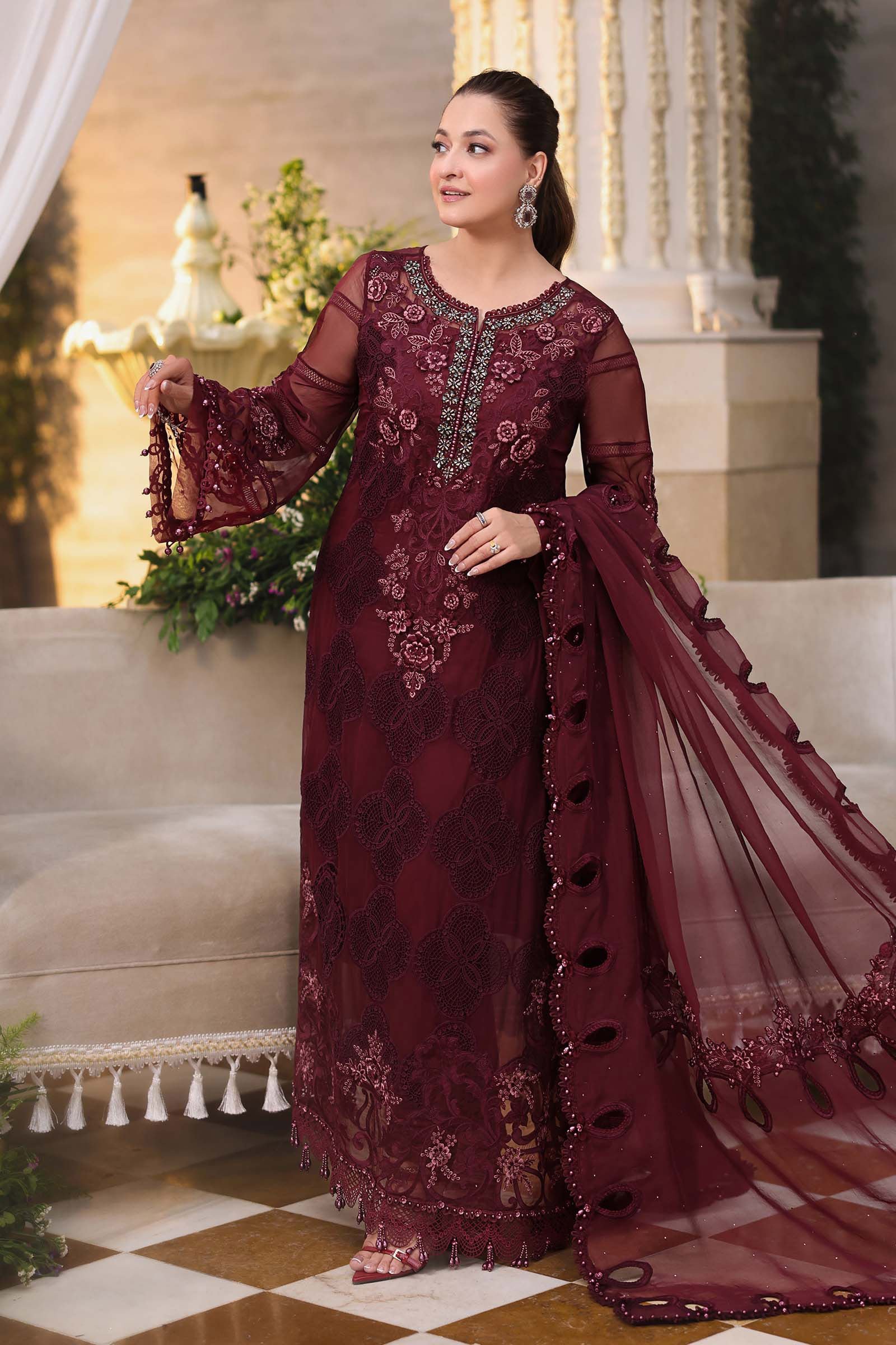 Maria B Embroidered Chiffon Party Wear Suit - Model Front Look | Pakistani Designer Replica Wholesale | IQNAZ