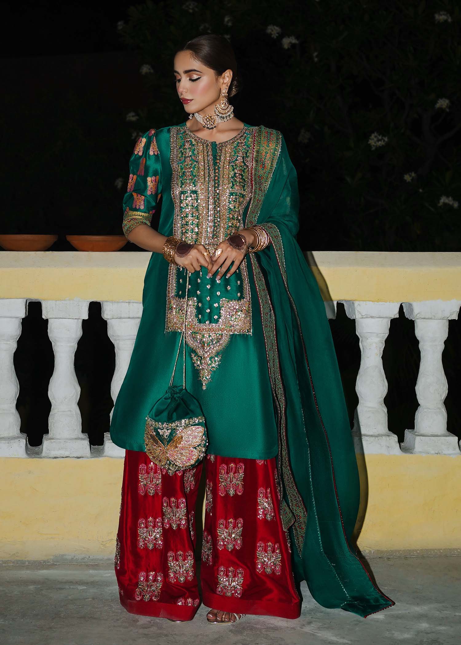 Hussain Rehar Embroidered Organza Party Wear Suit - Model Front Look | Pakistani Designer Replica Wholesale | IQNAZ