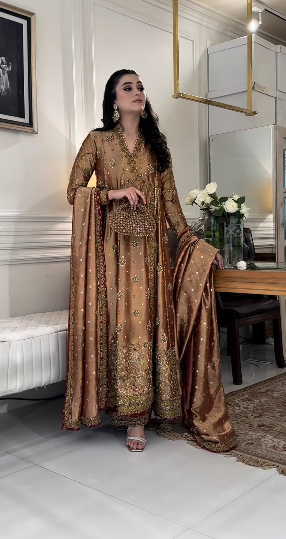 Haris Shakeel Hand Embellished Organza Party Wear Suit - Close-Up Hand Embellishment Tilla & Pearl Work | IQNAZ